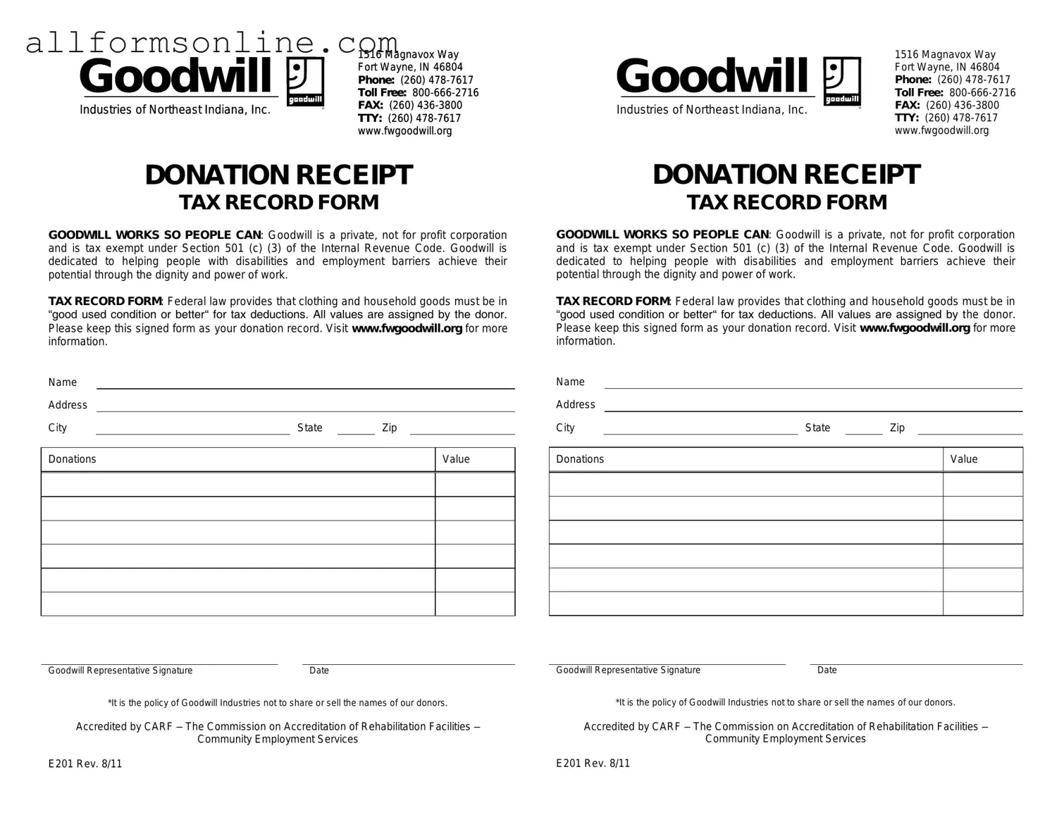 Free Goodwill donation receipt PDF Form
