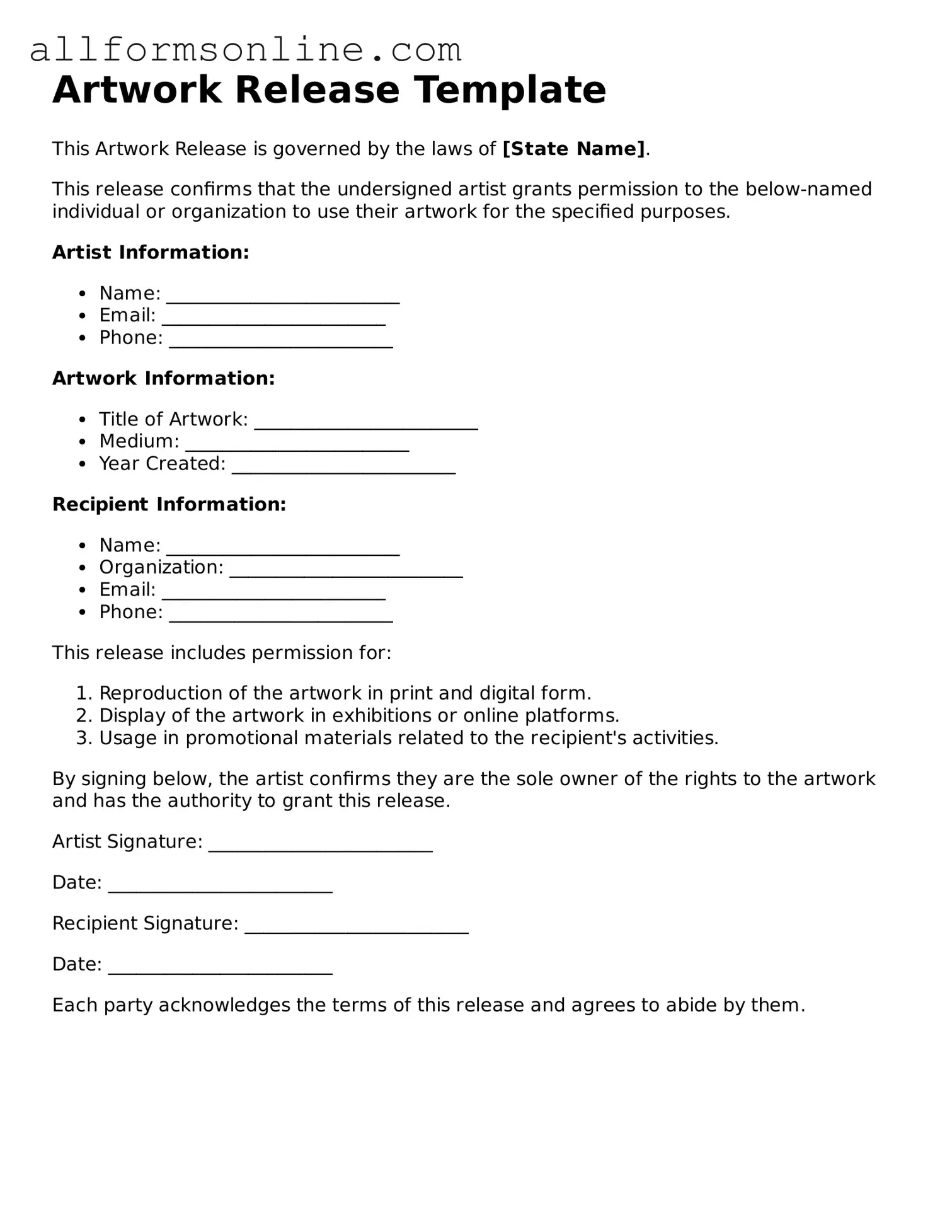 Blank Artwork Release Form