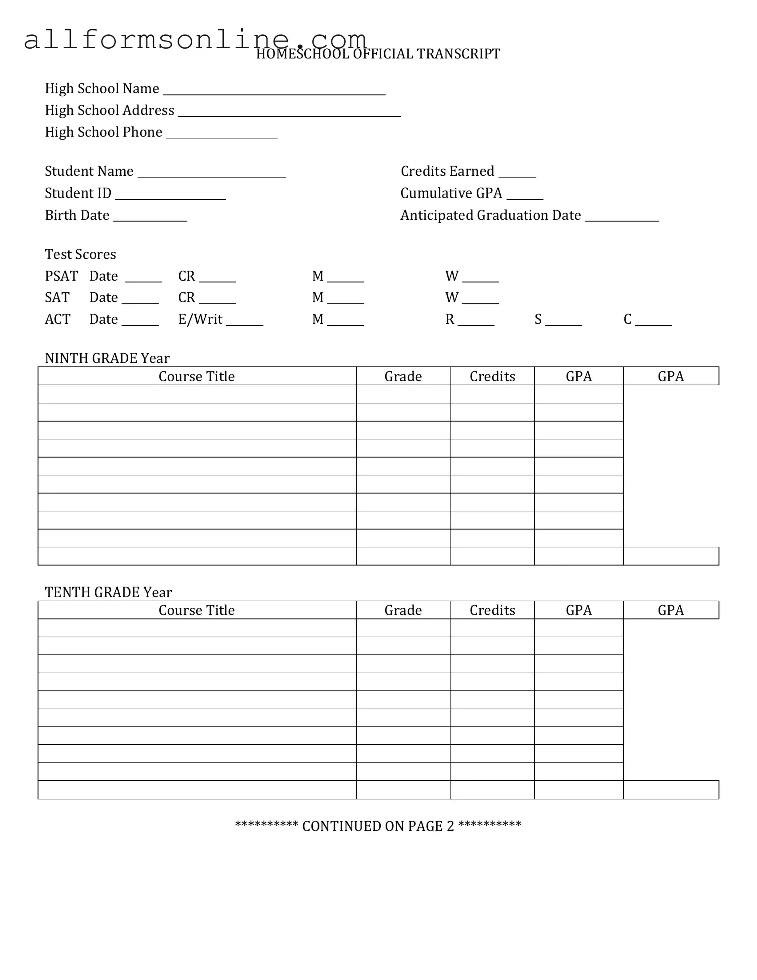 Free High School Transcript PDF Form