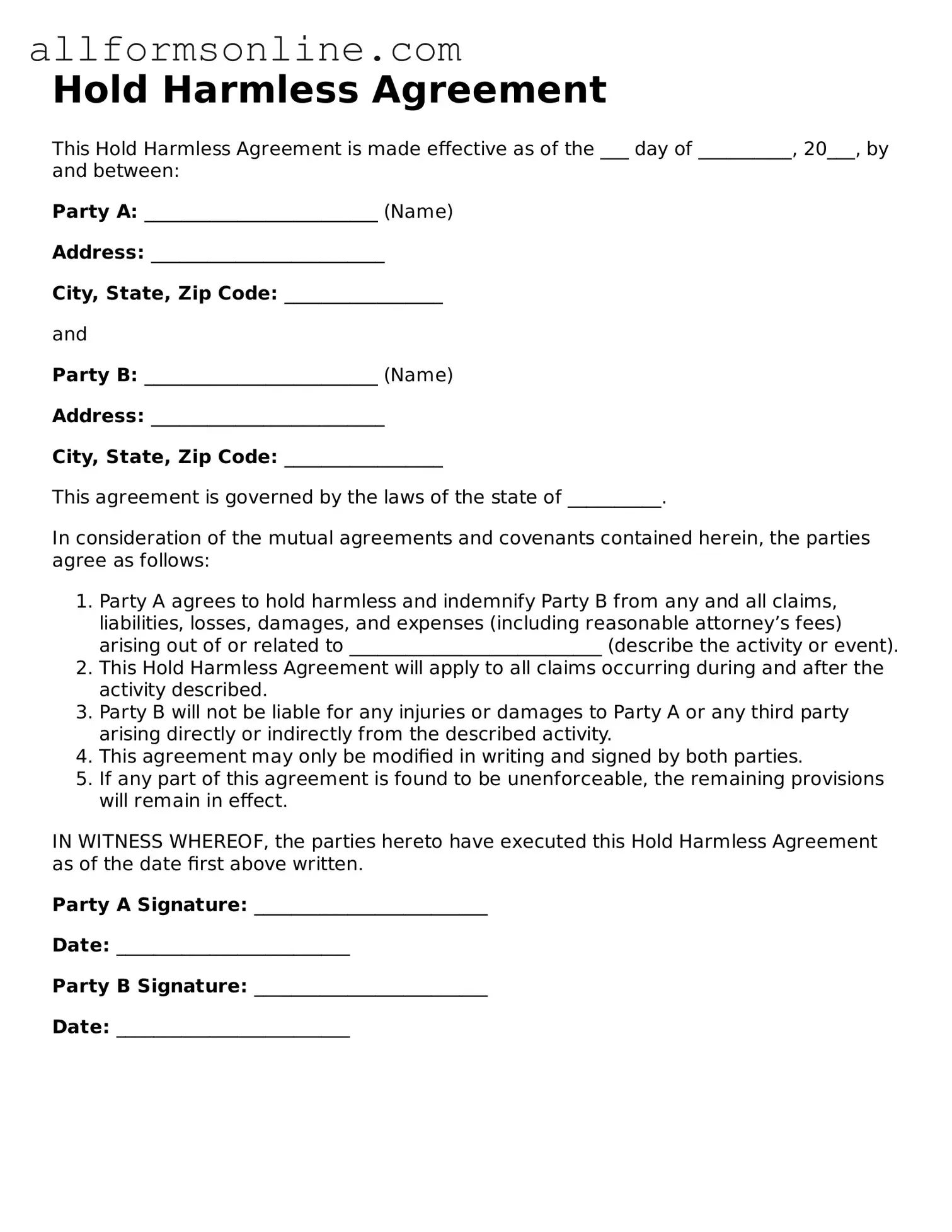 Blank Hold Harmless Agreement Form