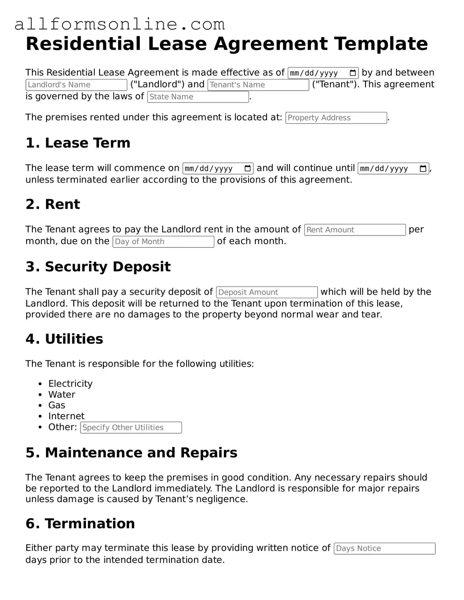 Blank Residential Lease Agreement Form