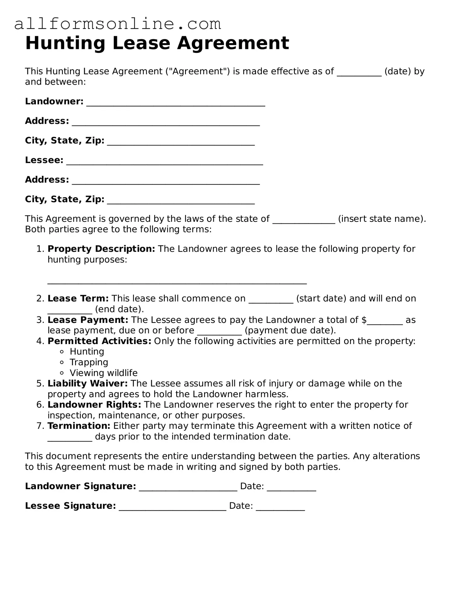 Blank Hunting Lease Agreement Form