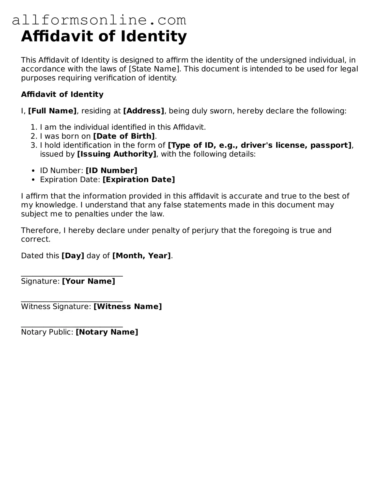 Blank Affidavit of Identity Form