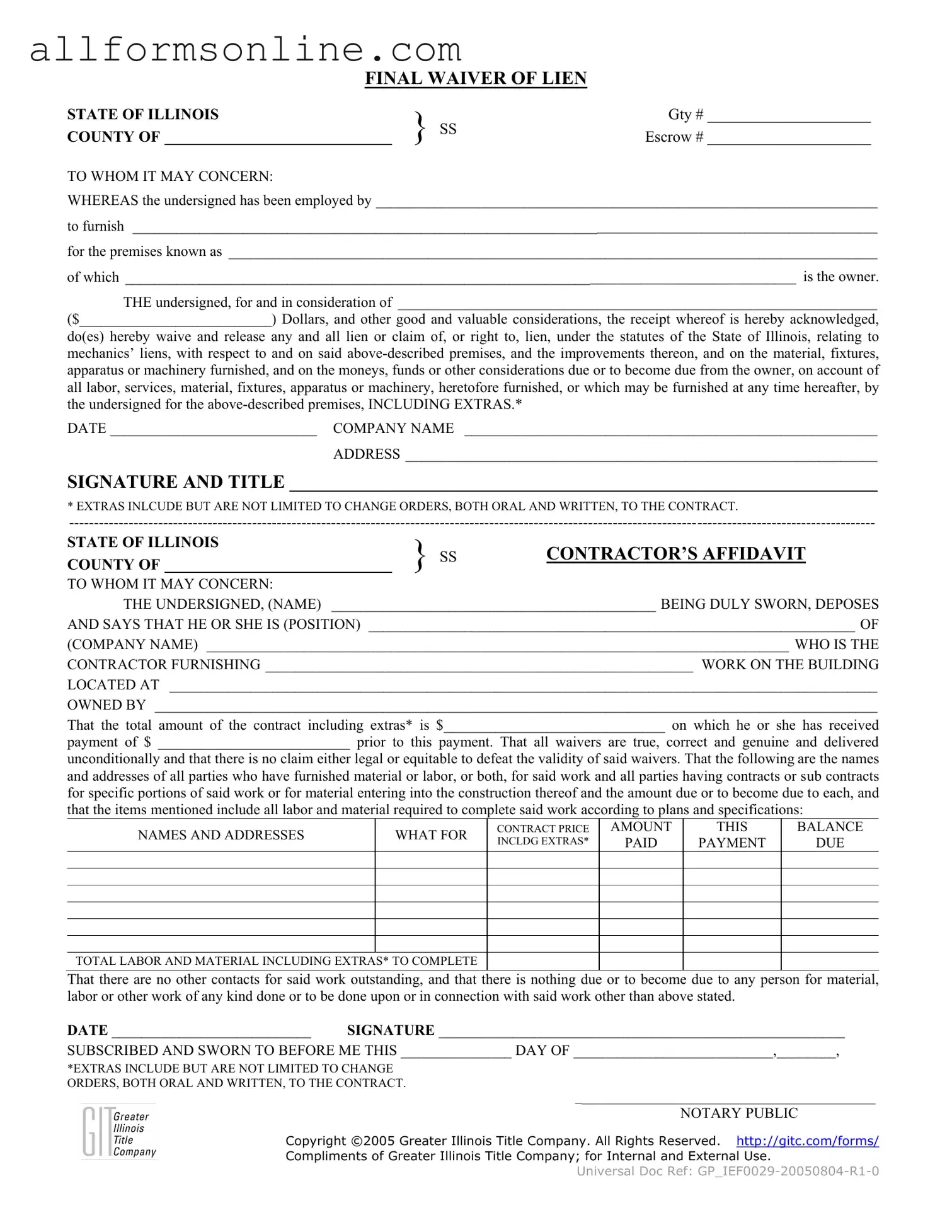 Free Illinois Final Waiver Of Lien PDF Form