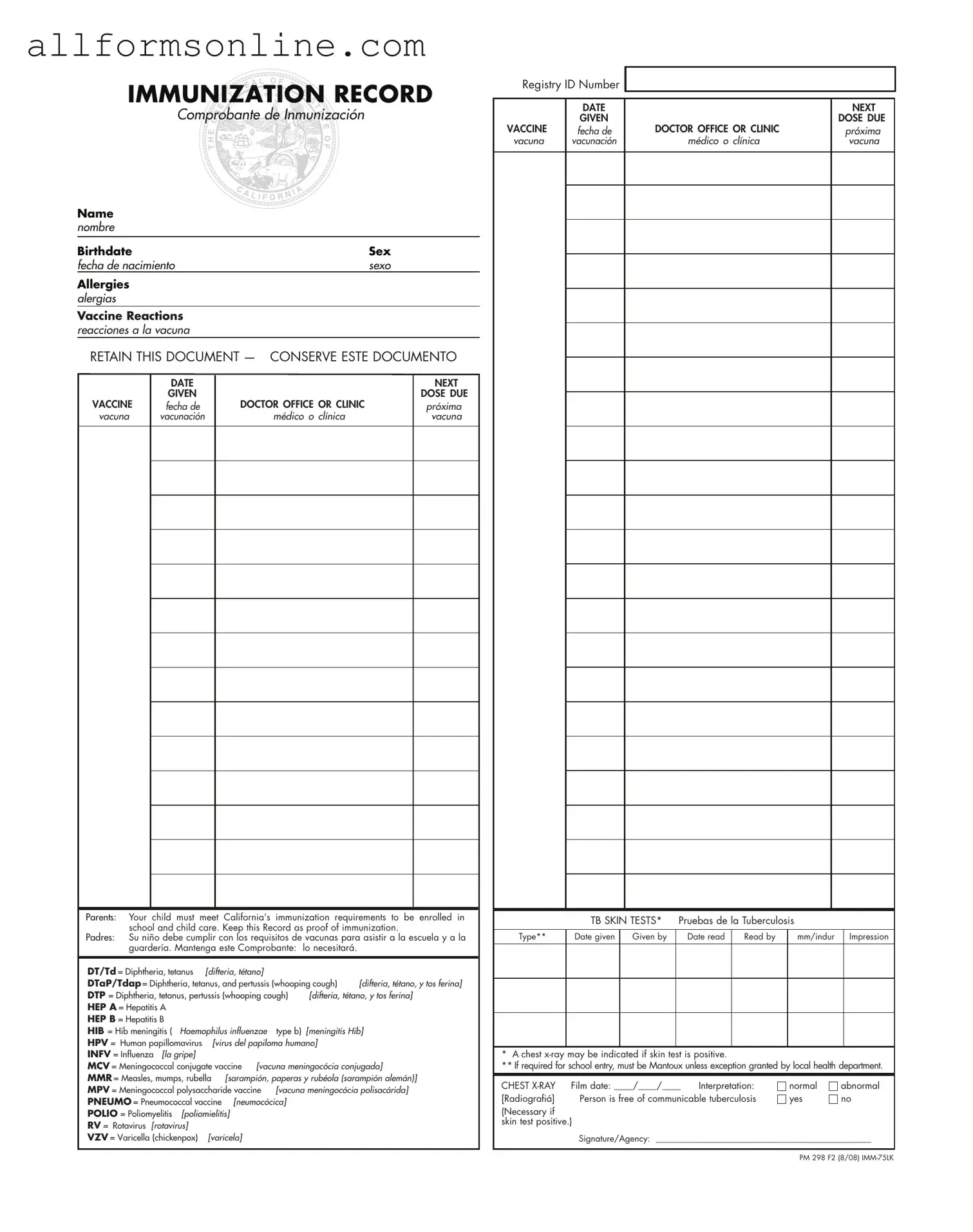 Free Immunization Record PDF Form
