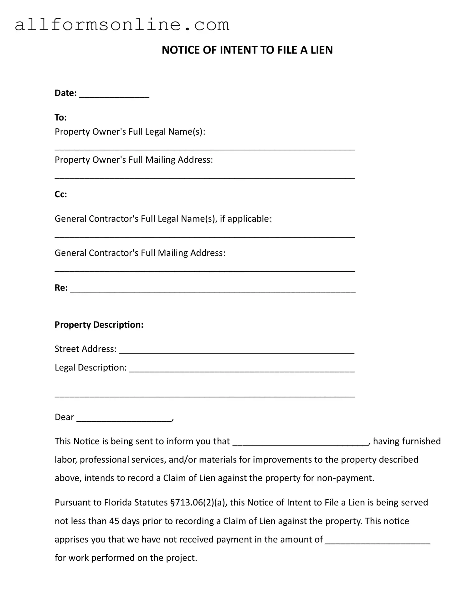 Free Intent To Lien Florida PDF Form