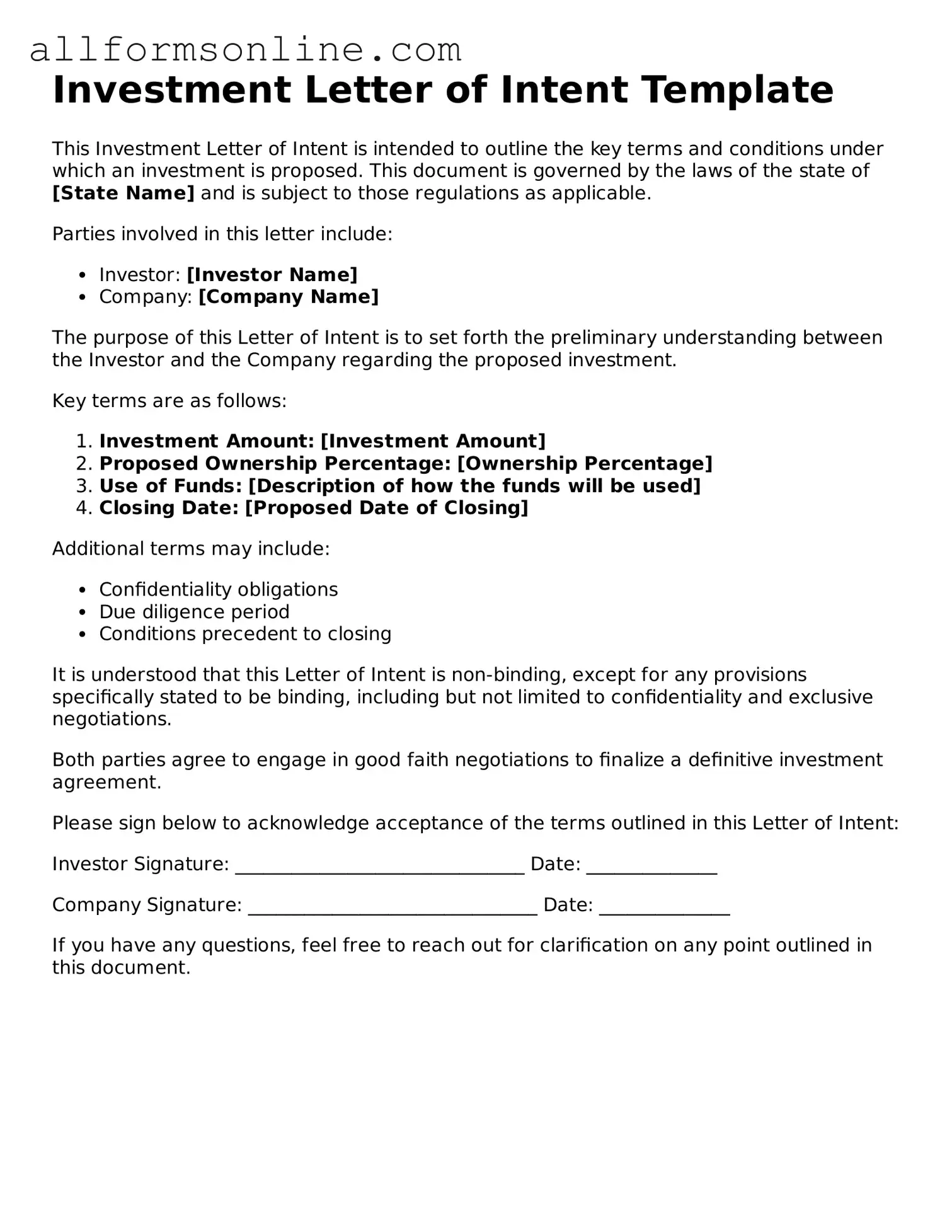Blank Investment Letter of Intent Form