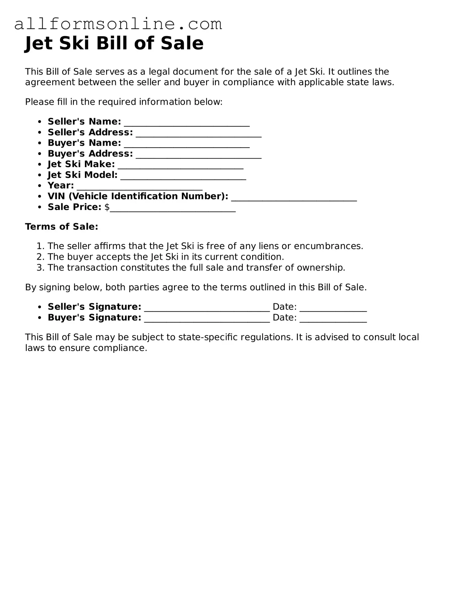 Blank Jet Ski Bill of Sale Form