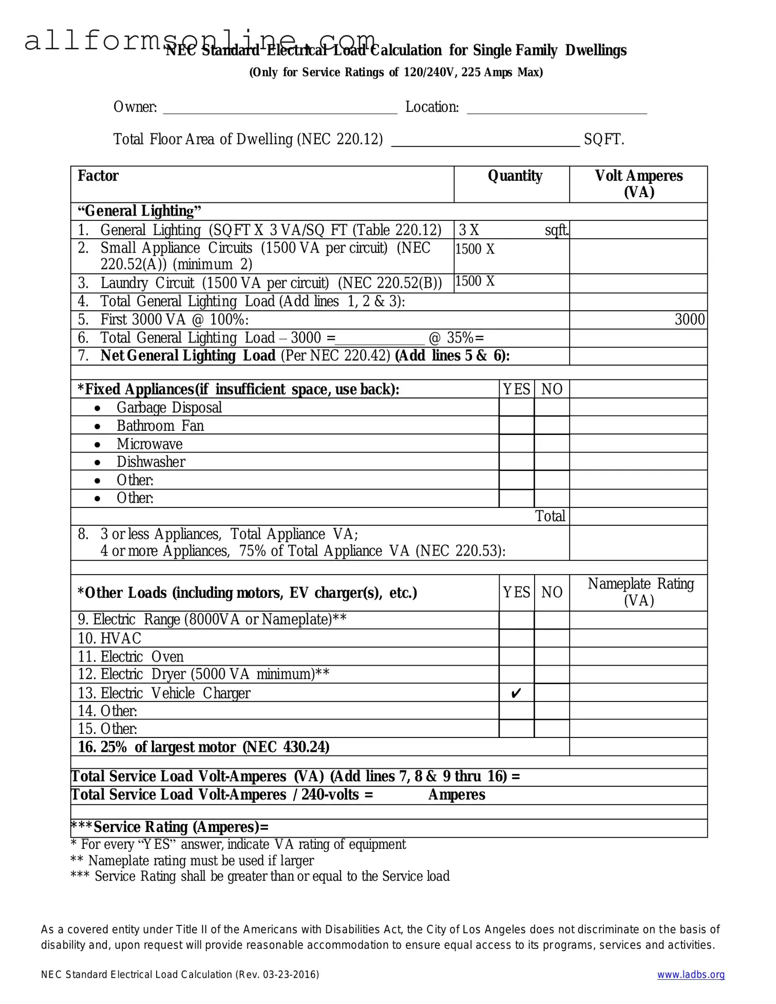 Free LADBS NEC Standard Electrical Load Calculation PDF Form