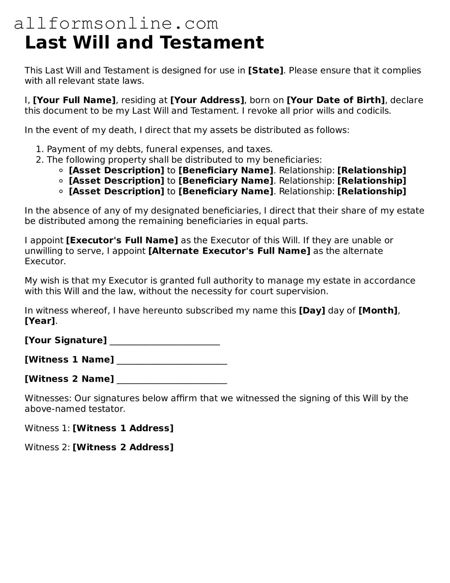 Blank Last Will and Testament Form