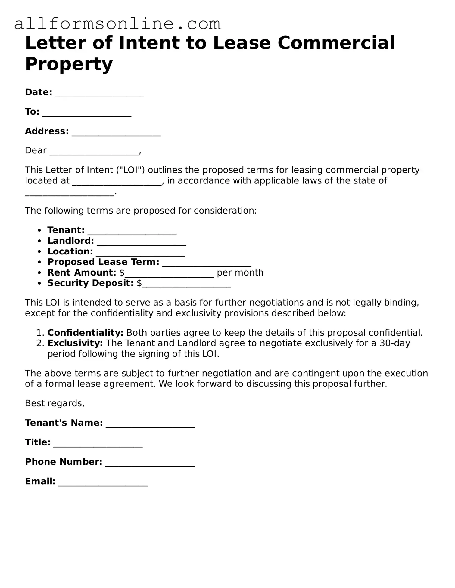 Blank Letter of Intent to Lease Commercial Property Form