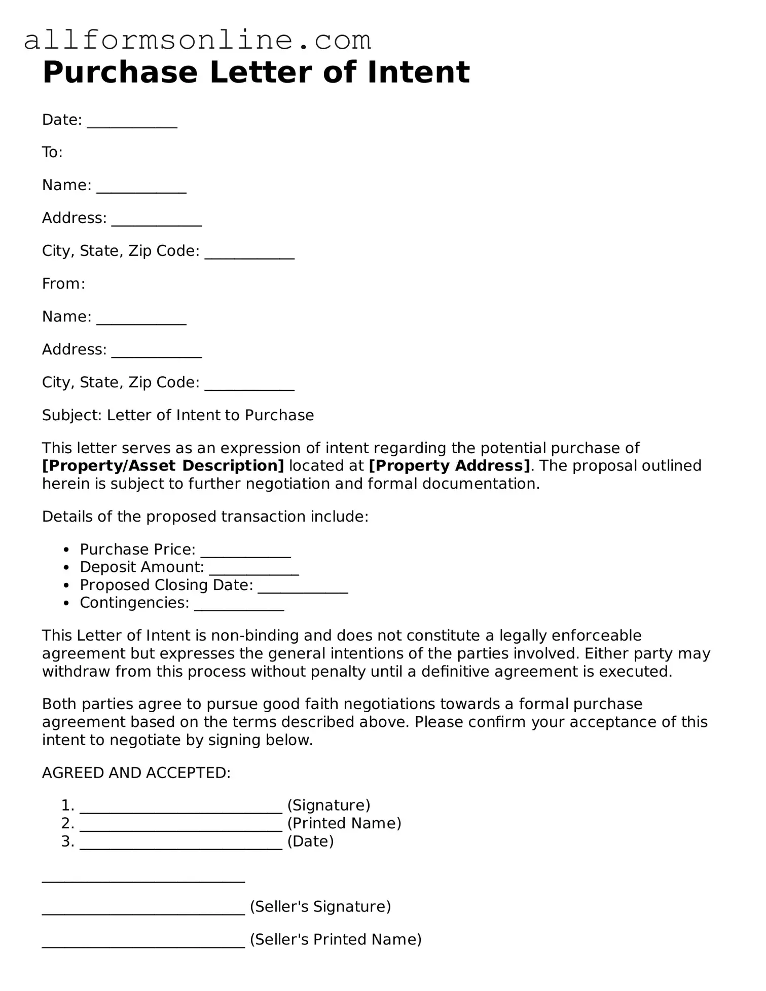 Blank Purchase Letter of Intent Form
