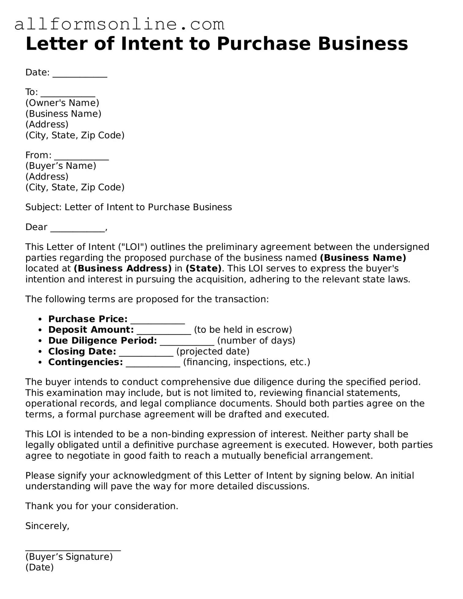 Blank Letter of Intent to Purchase Business Form
