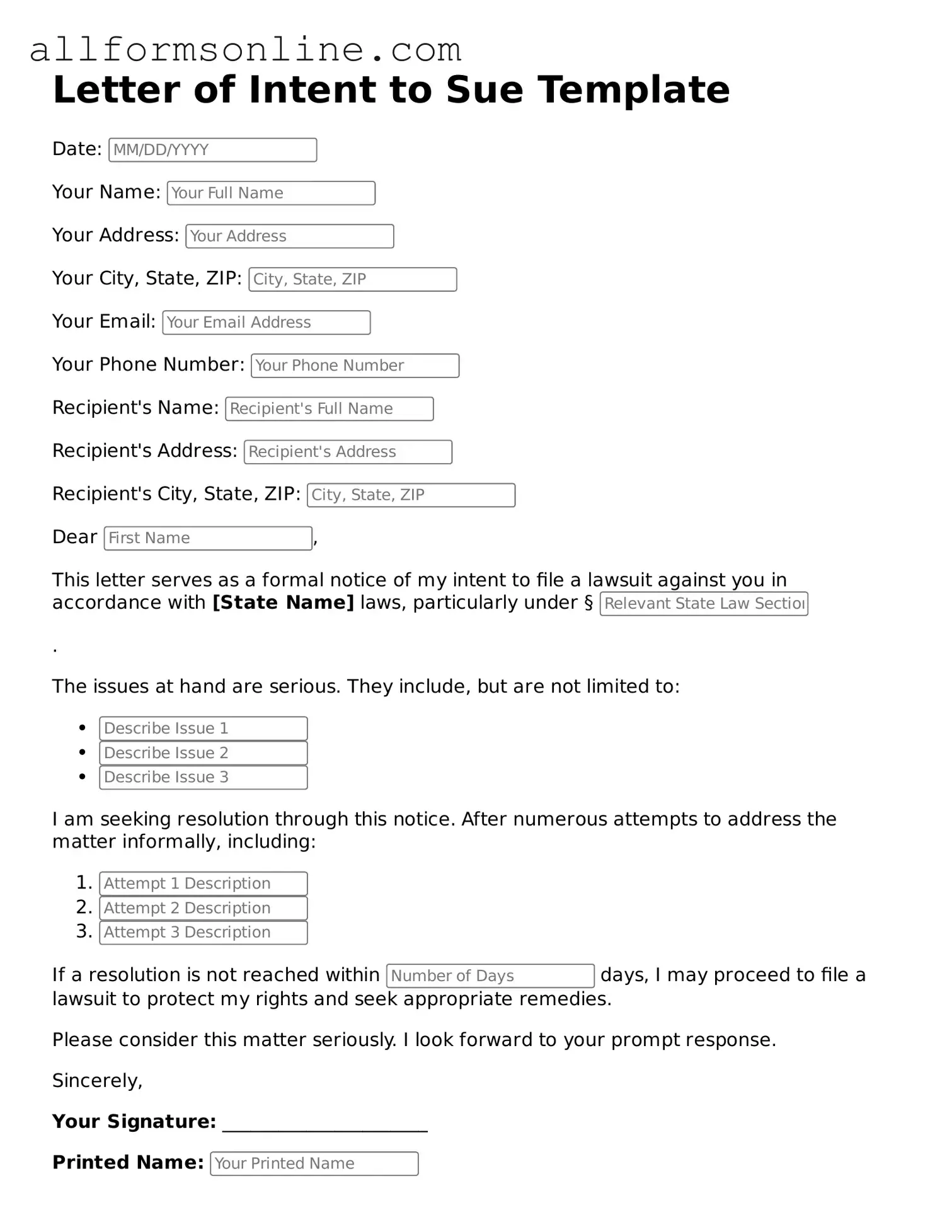 Blank Letter of Intent to Sue Form