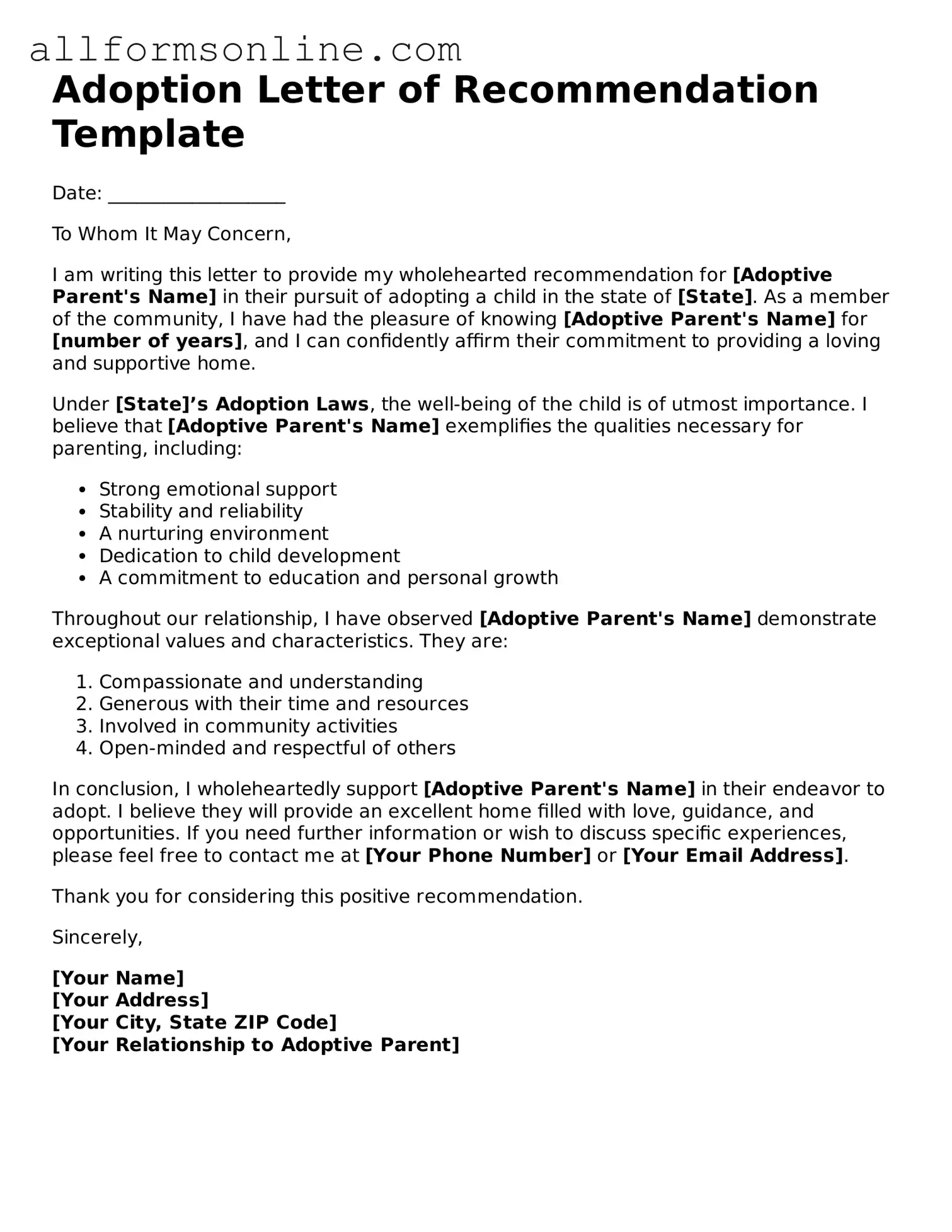 Blank Adoption Letter of Recommendation Form