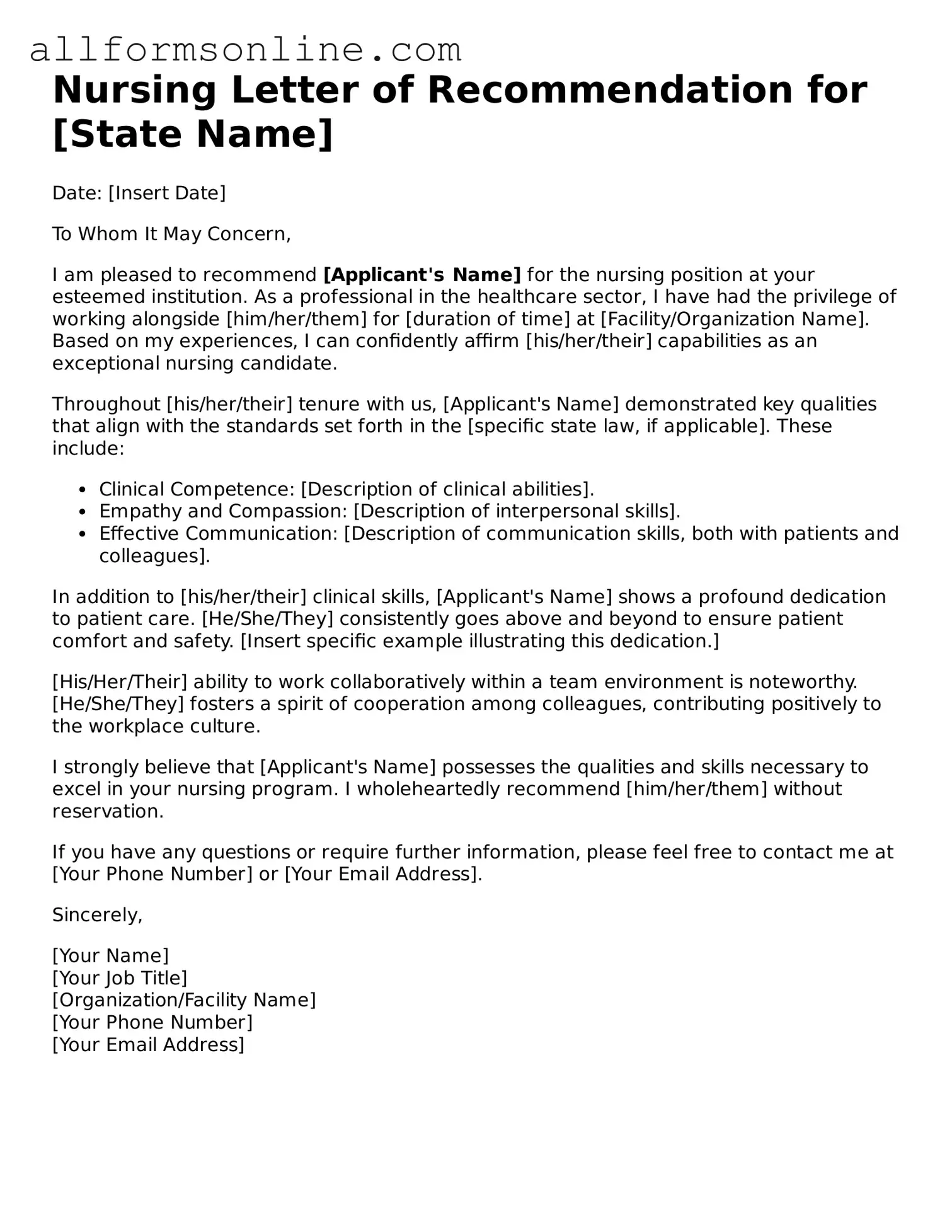 Blank Nursing Letter of Recommendation Form