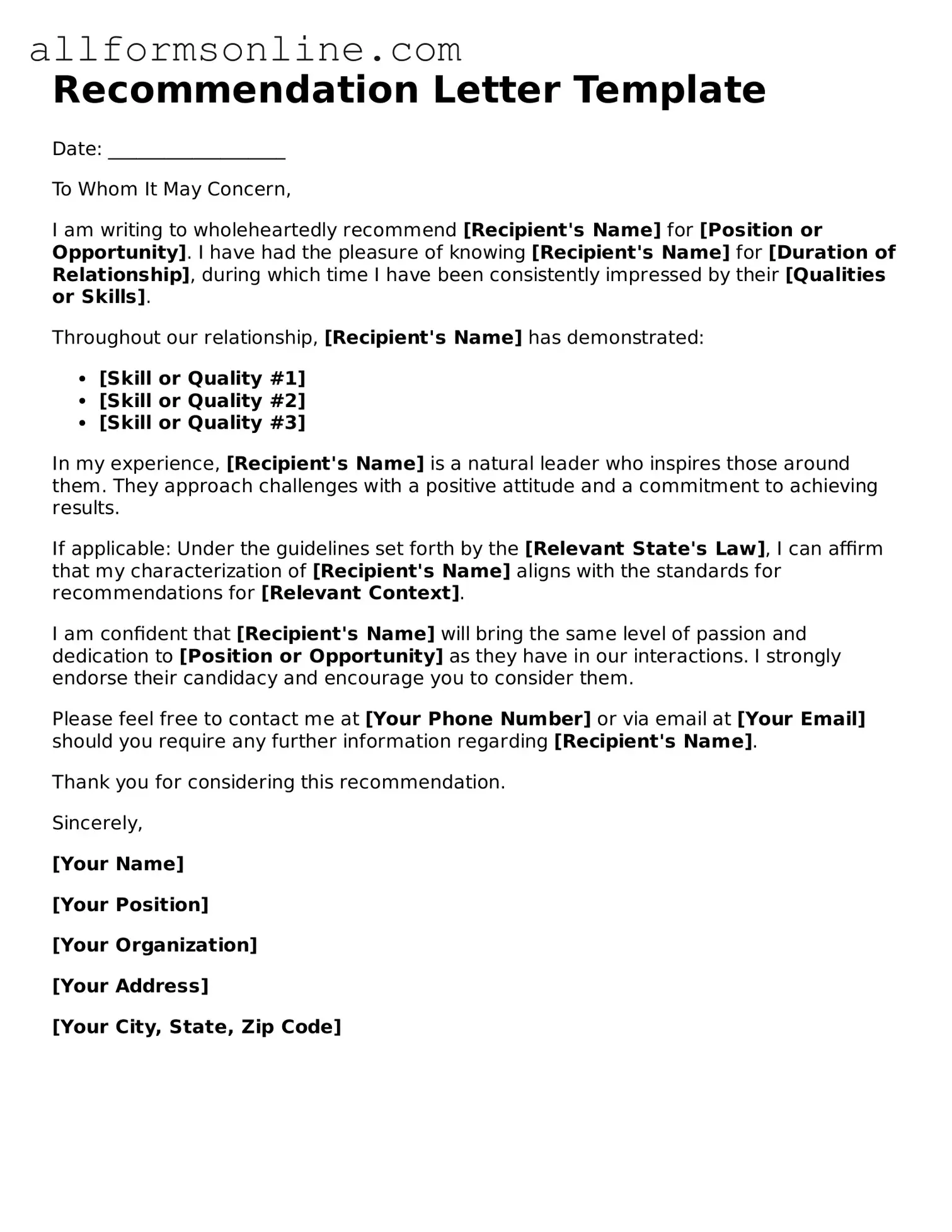 Blank Recommendation Letter Form