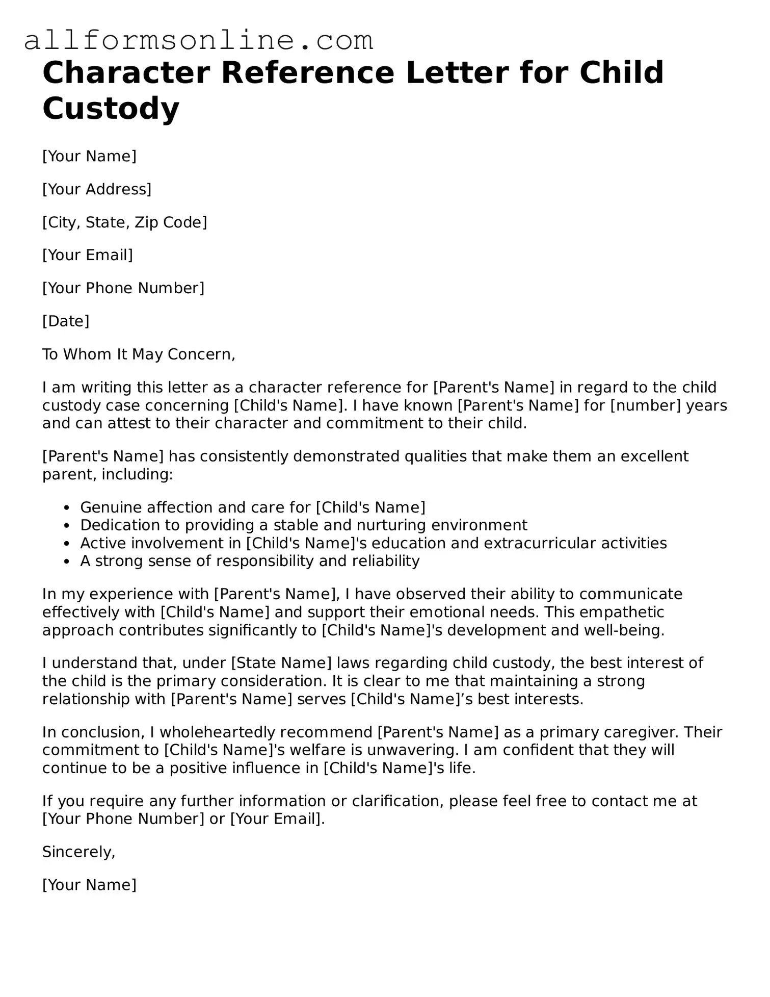 Blank Character Reference Letter for Child Custody Form