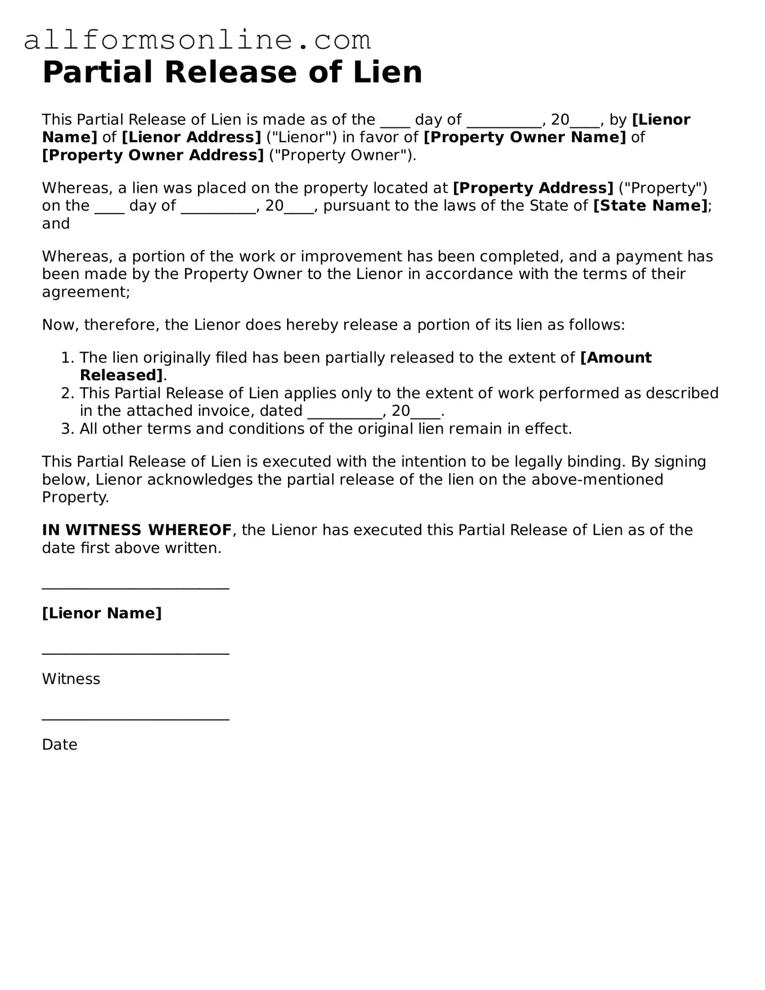 Blank Partial Release of Lien Form