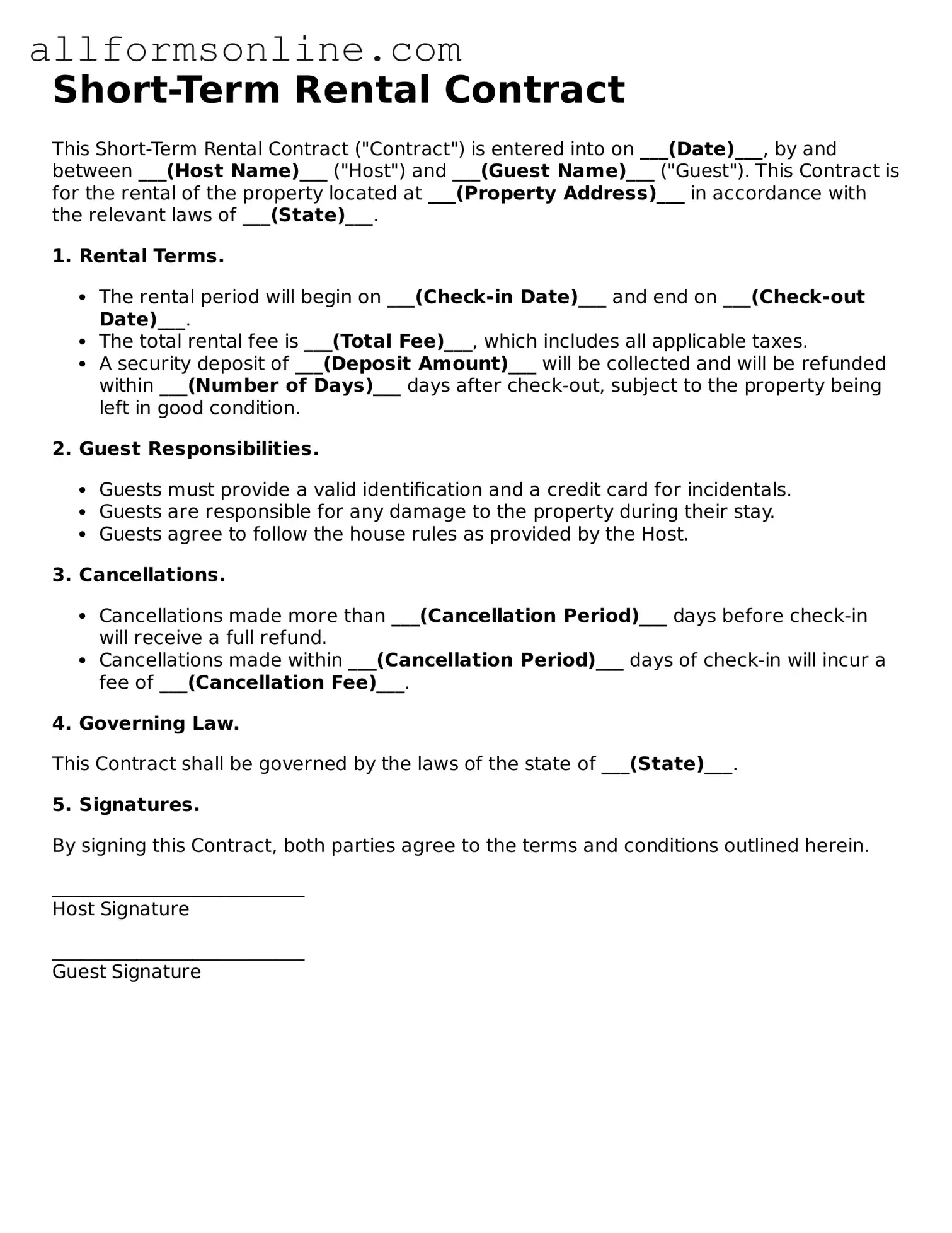 Blank Short-Term Rental Contract Form