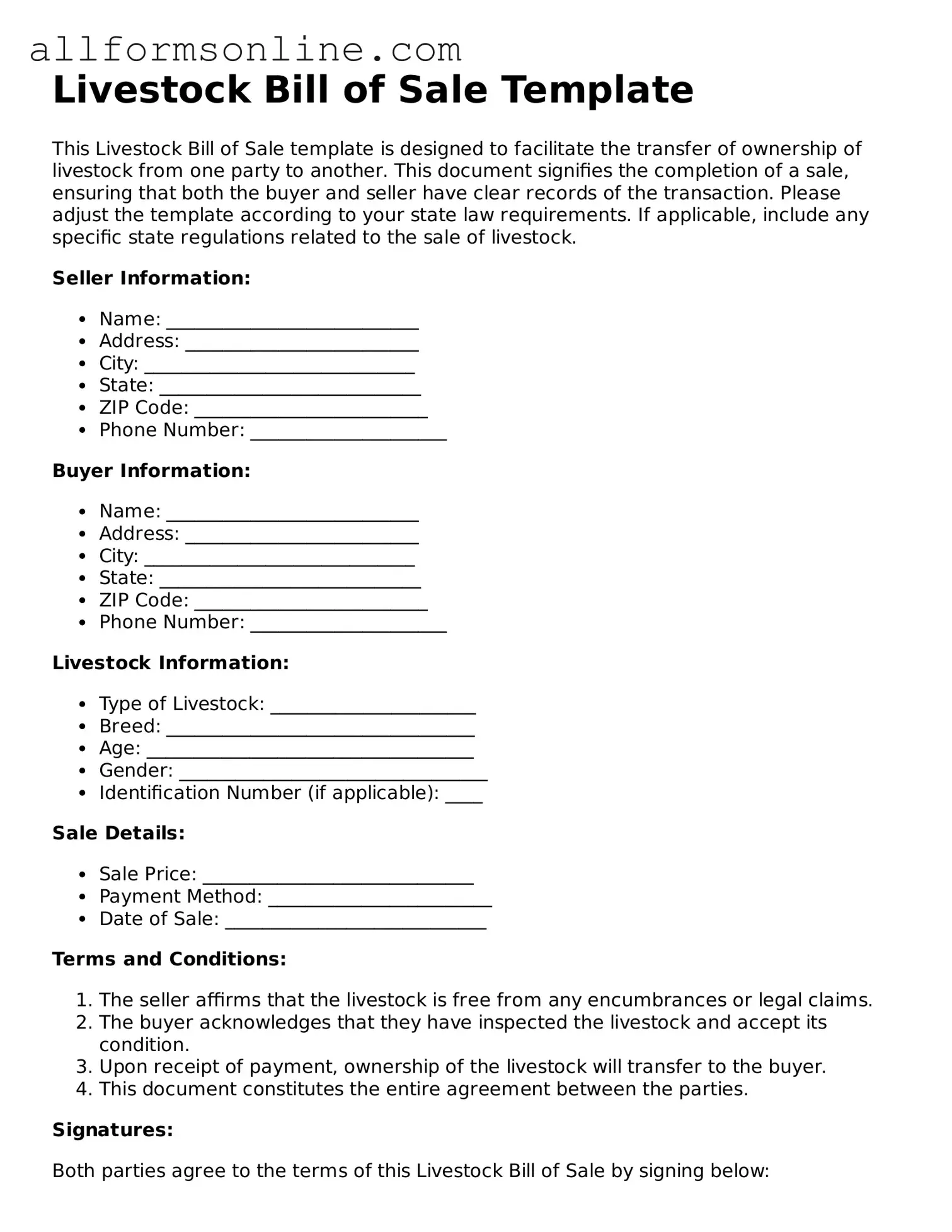 Blank Livestock Bill of Sale Form