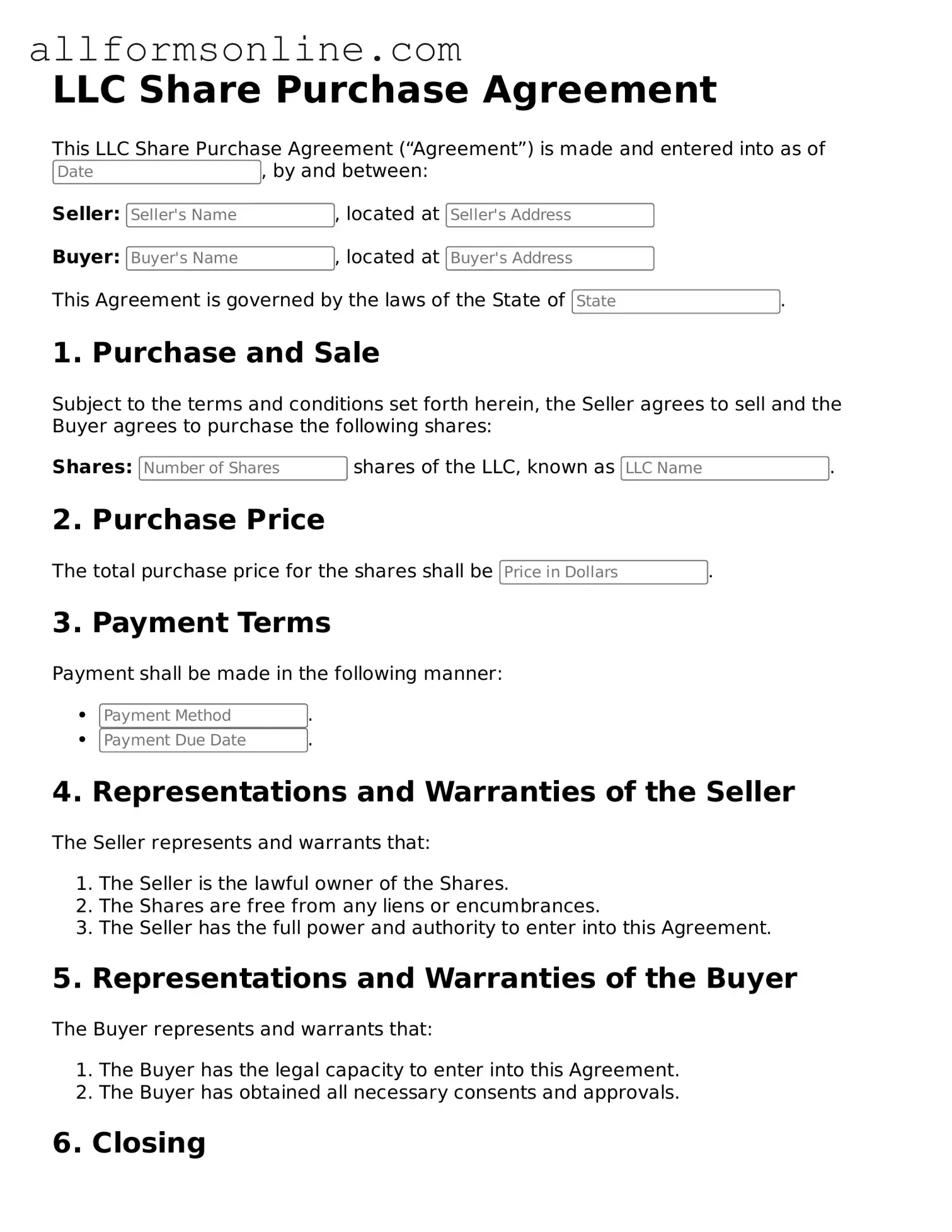 Blank LLC Share Purchase Agreement Form