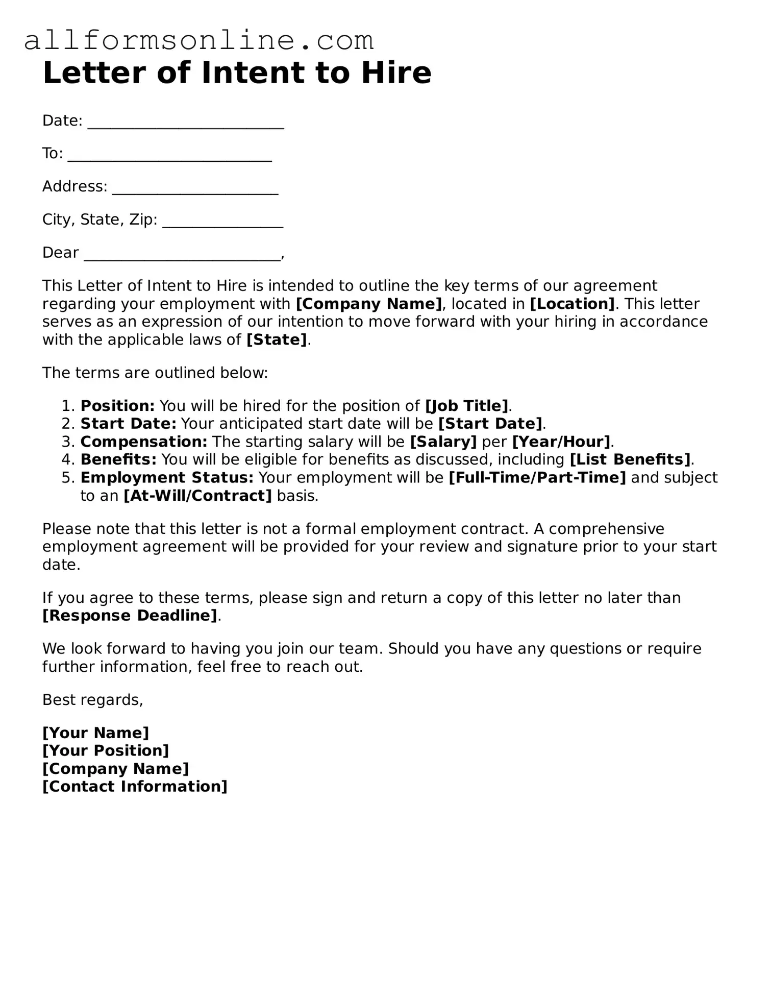 Blank Letter of Intent to Hire Form