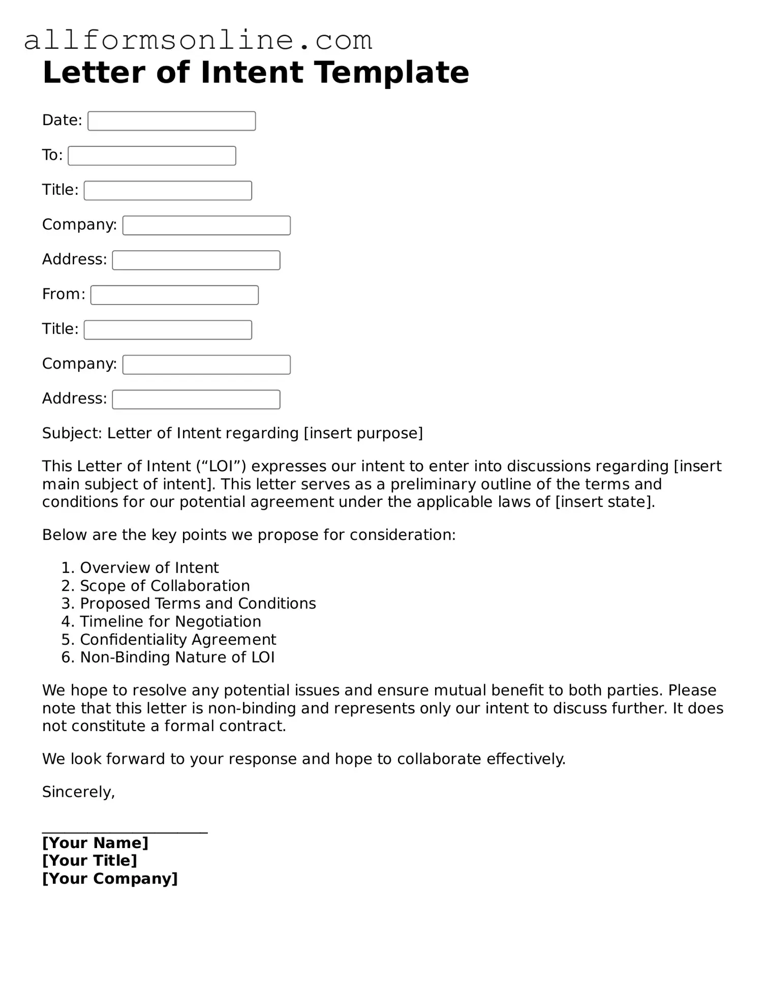 Blank Letter of Intent Form