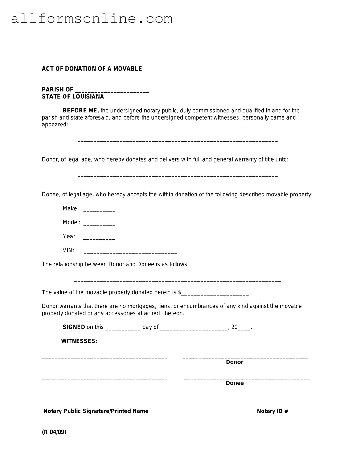 Free Louisiana act of donation PDF Form