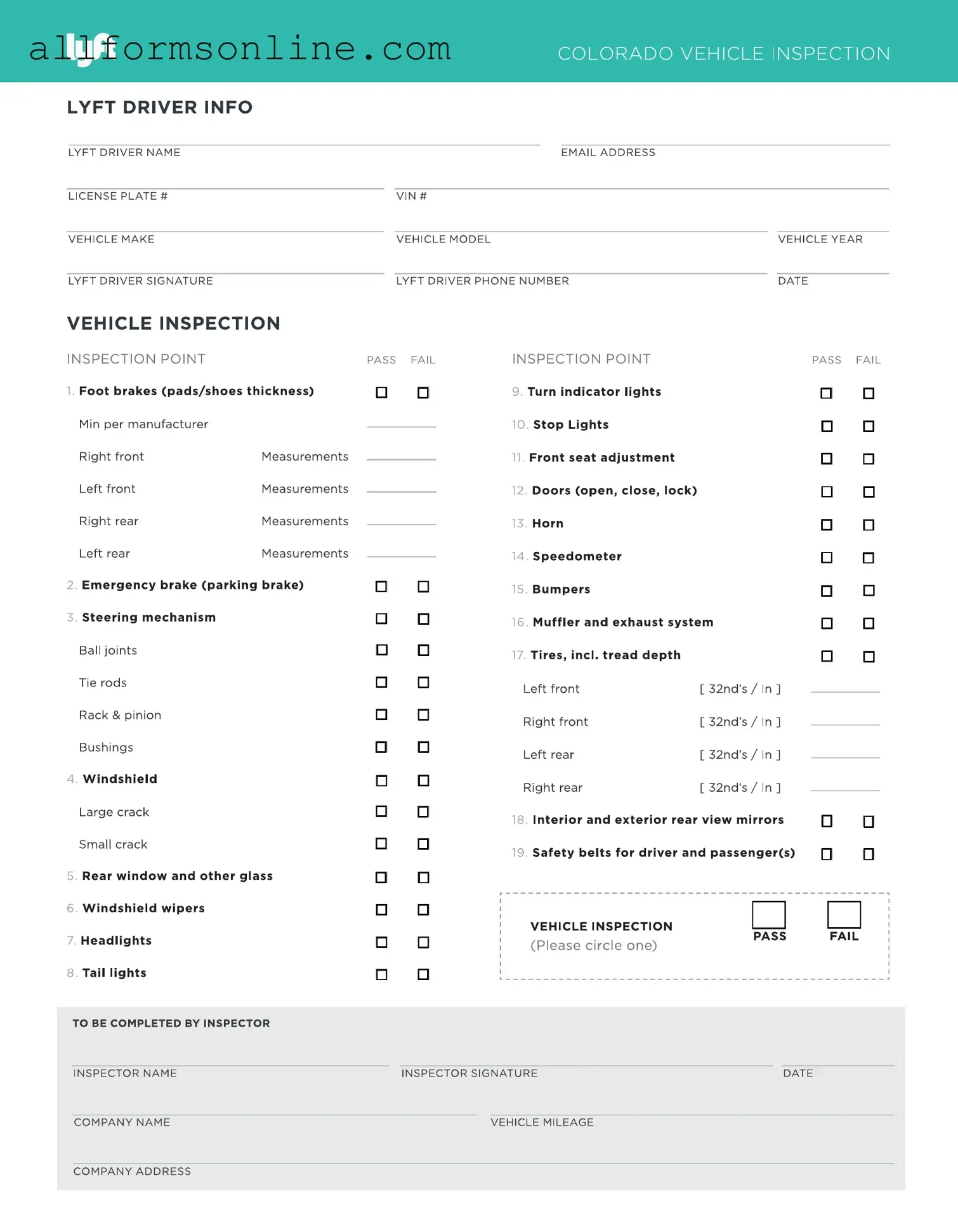 Free Lyft Inspection PDF Form