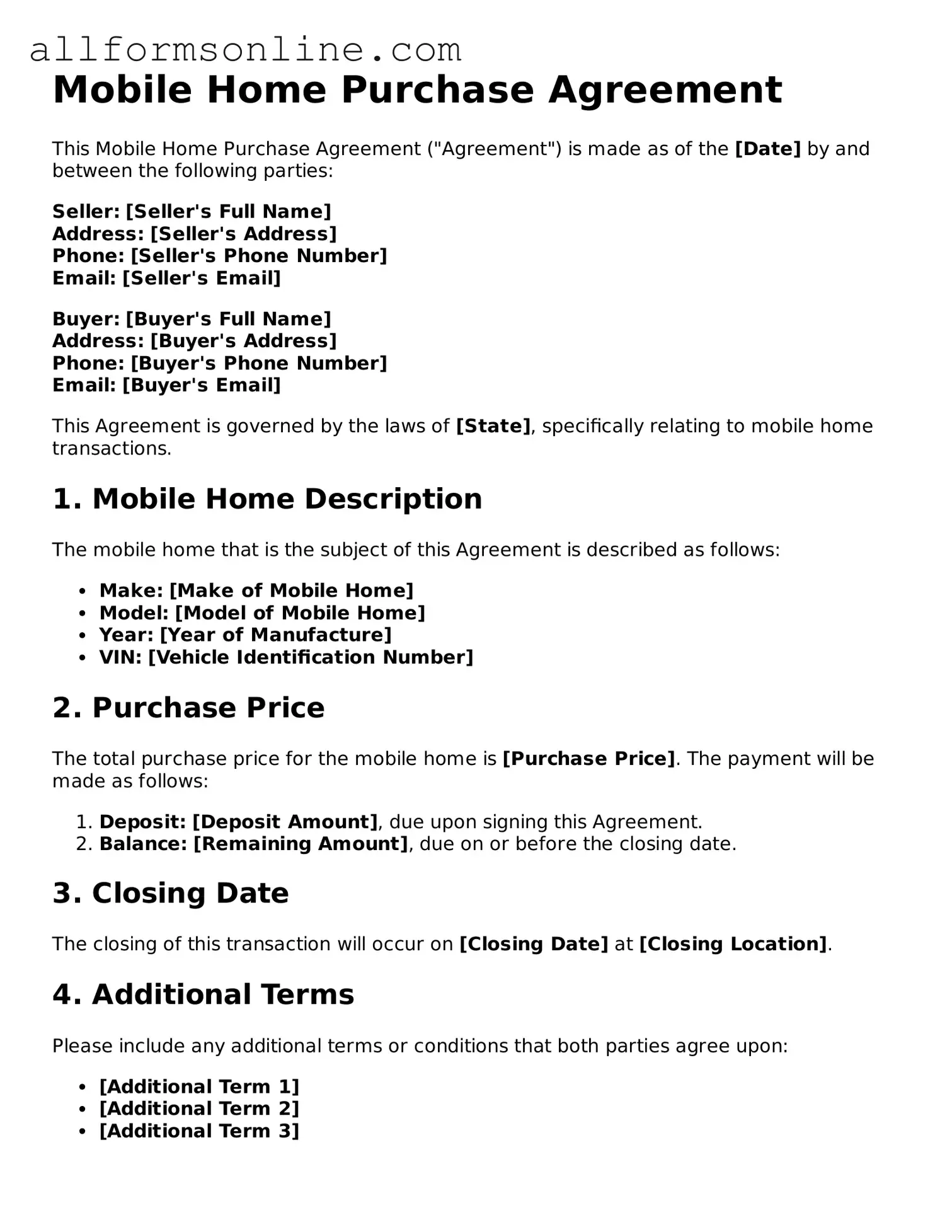 Blank Mobile Home Purchase Agreement Form