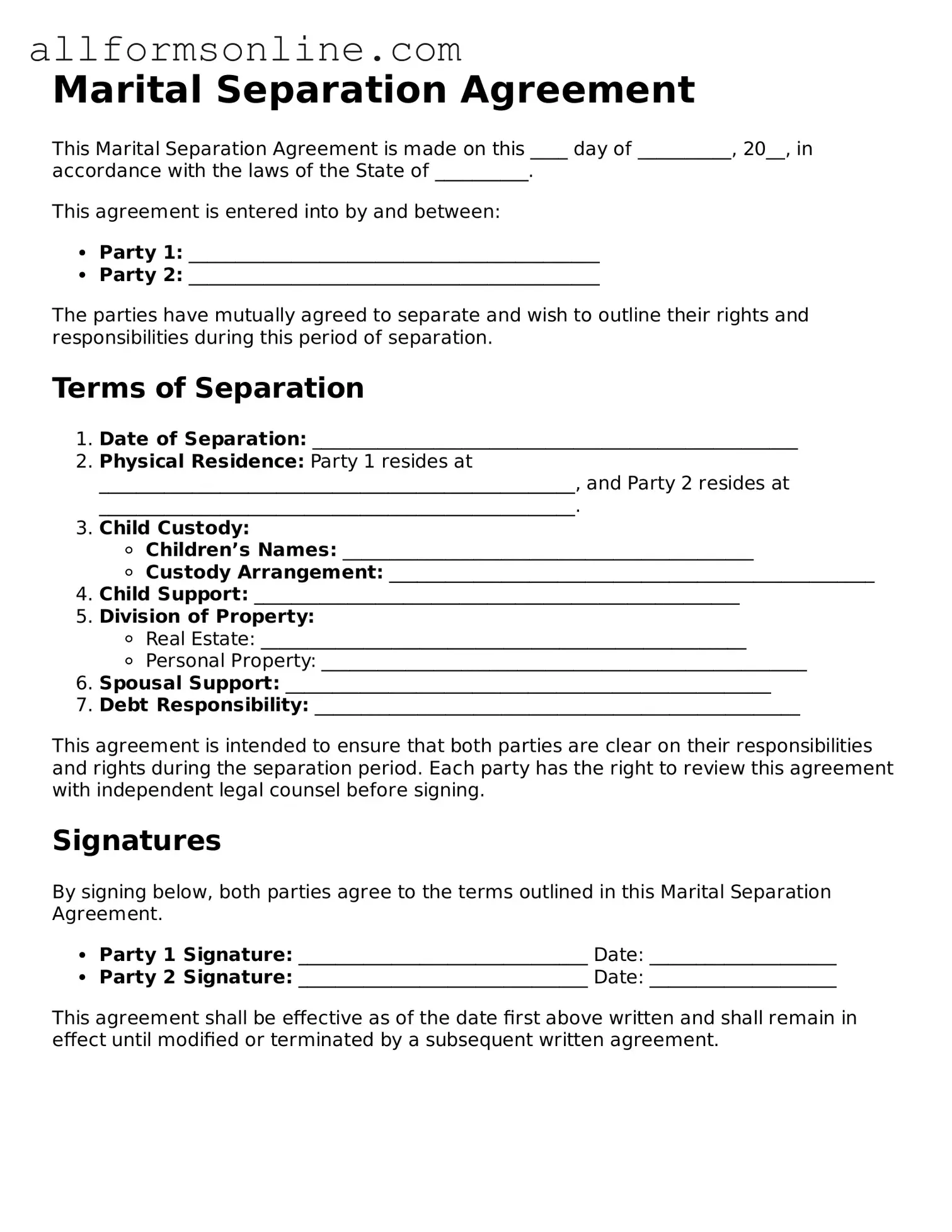 Blank Marital Separation Agreement Form