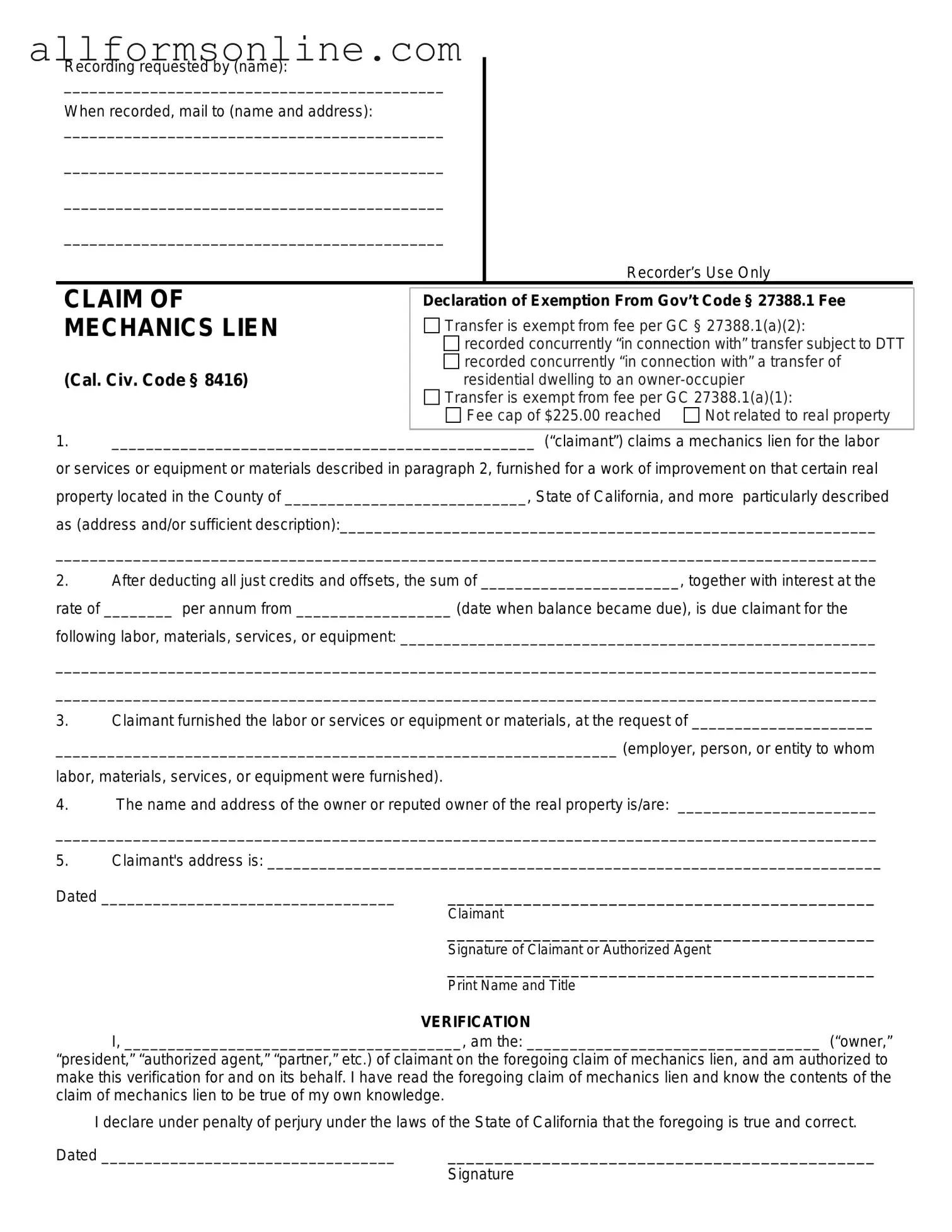 Free Mechanics Lien California PDF Form