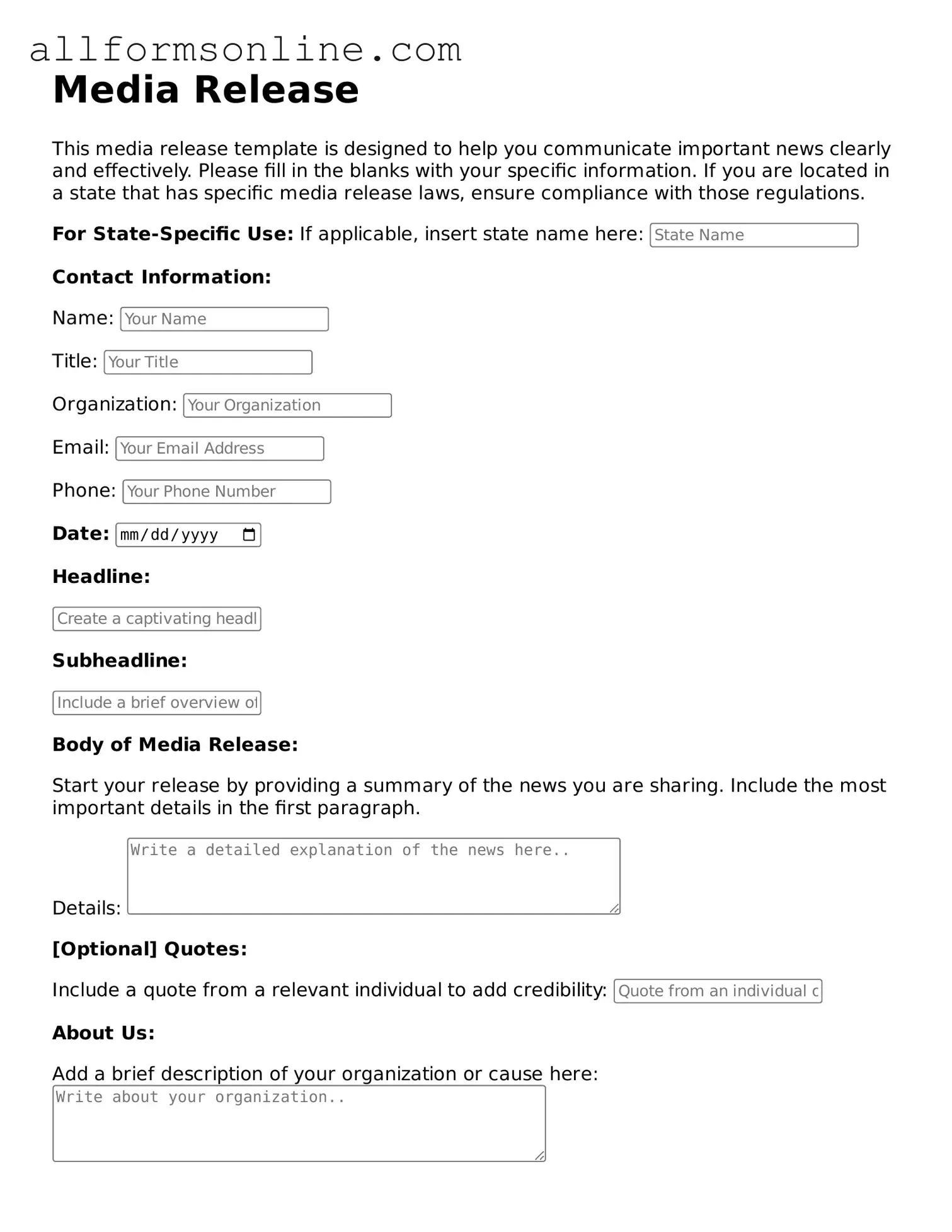 Blank Media Release Form