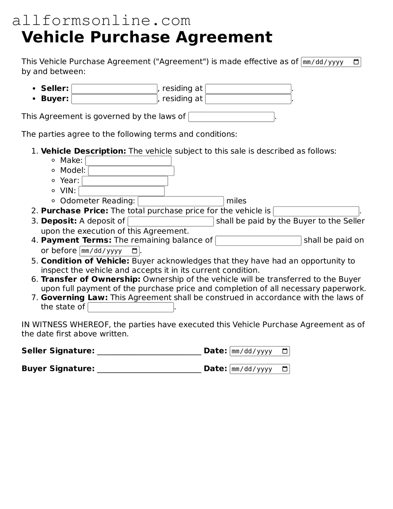 Blank Vehicle Purchase Agreement Form