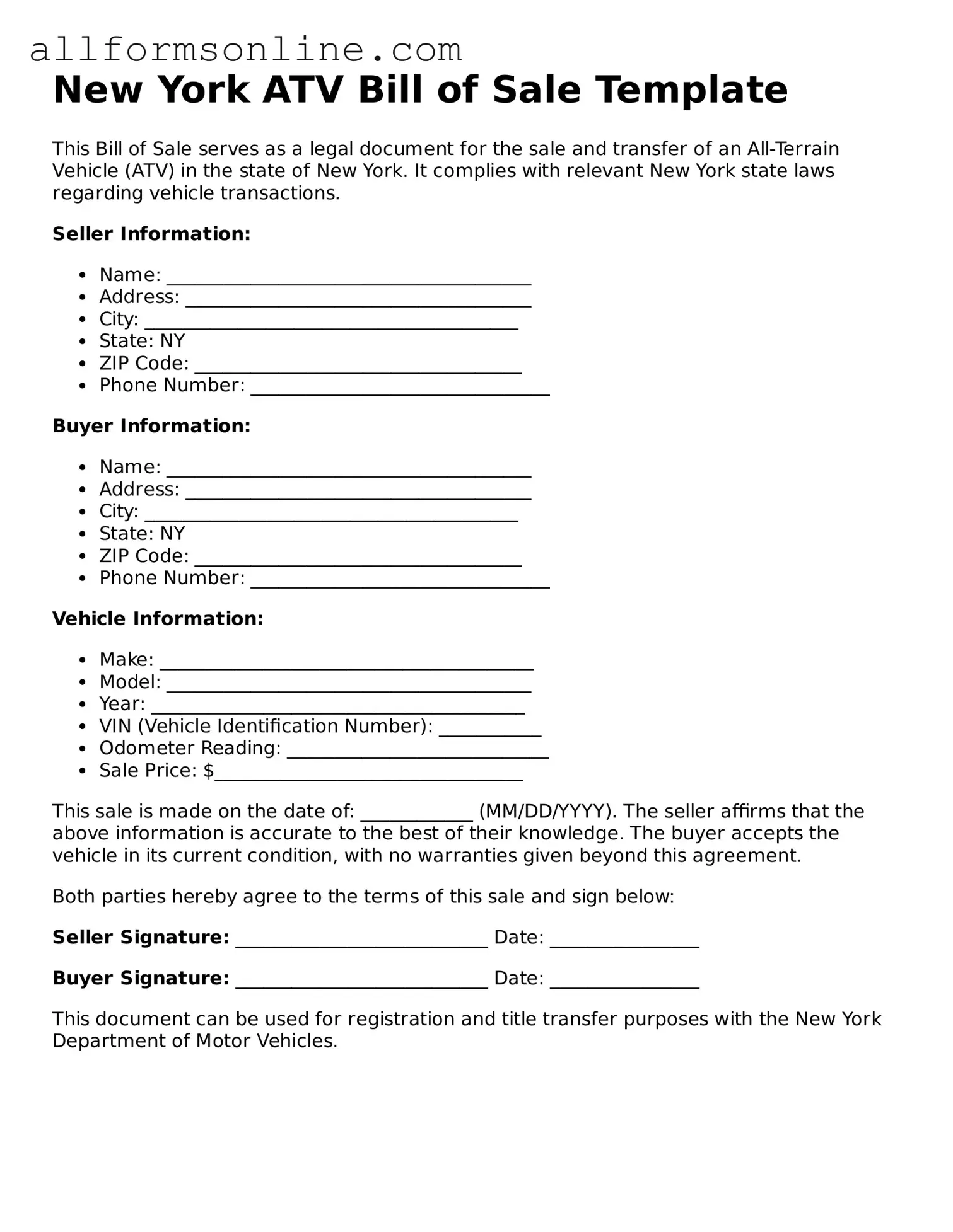 Attorney-Approved  ATV Bill of Sale Form for New York