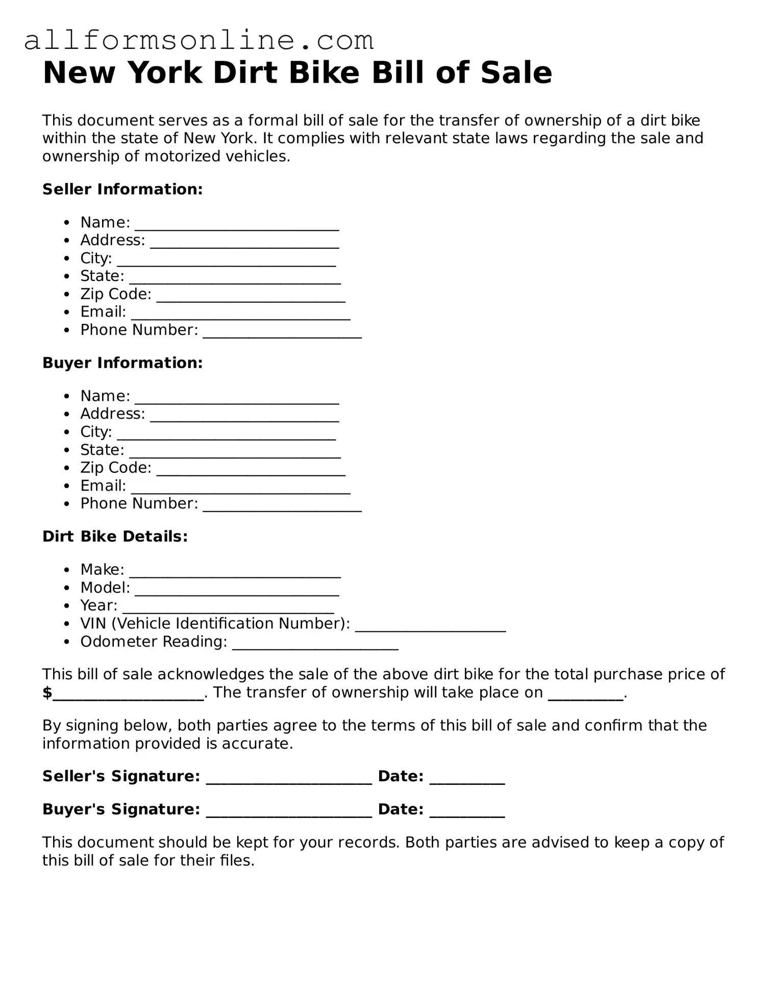 Attorney-Approved  Dirt Bike Bill of Sale Form for New York