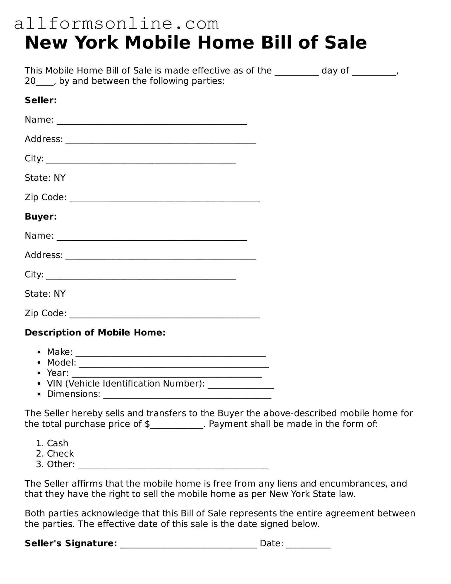 Attorney-Approved  Mobile Home Bill of Sale Form for New York