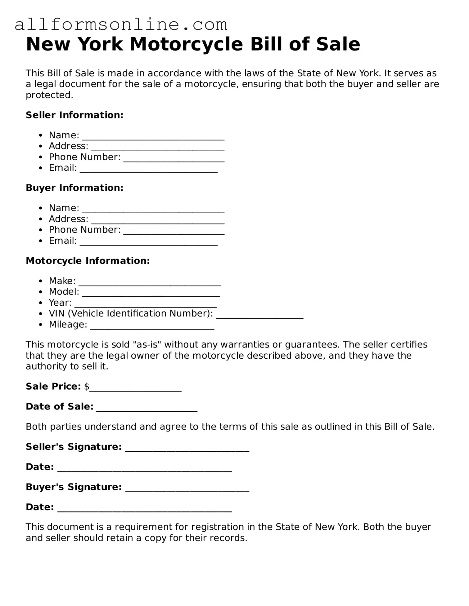 Attorney-Approved  Motorcycle Bill of Sale Form for New York