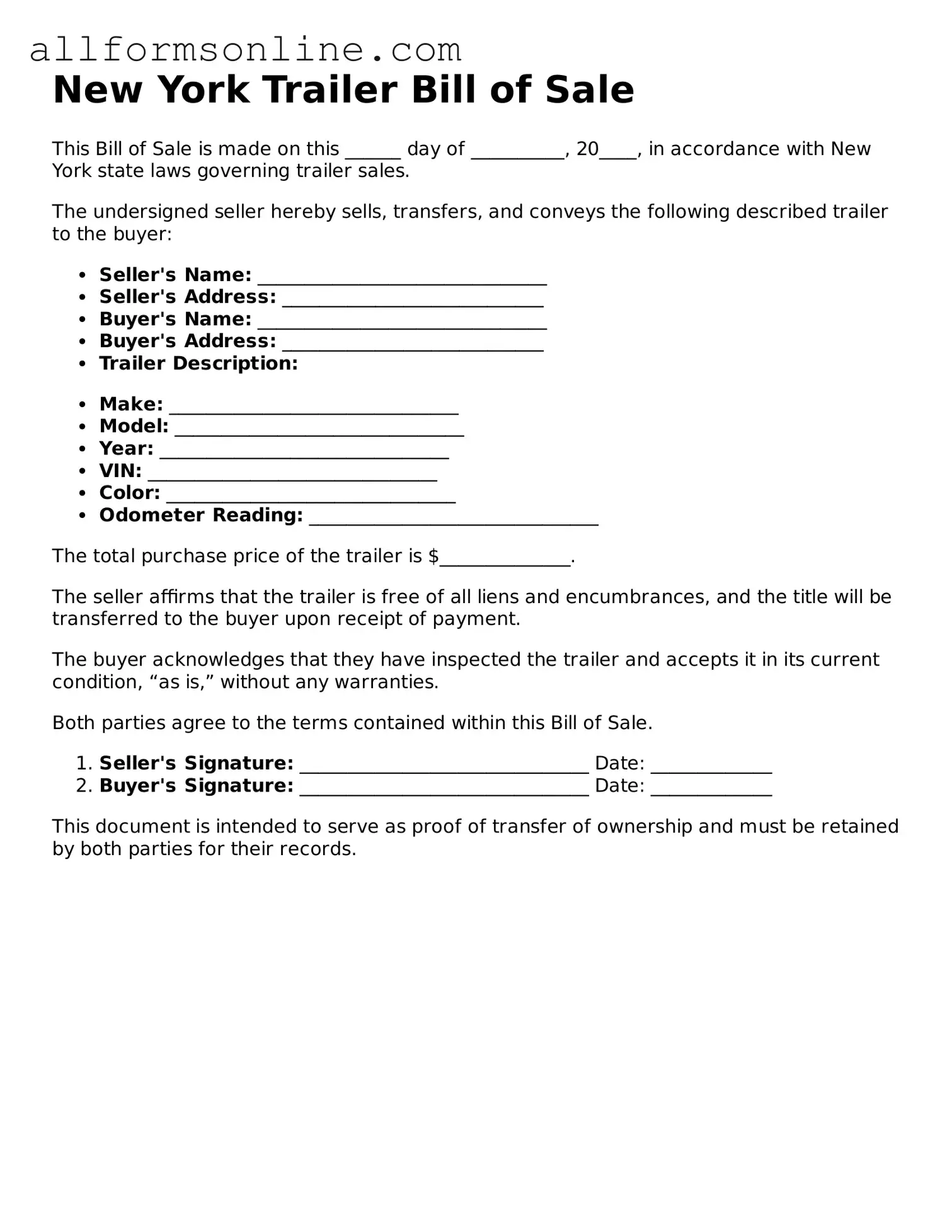 Attorney-Approved  Trailer Bill of Sale Form for New York