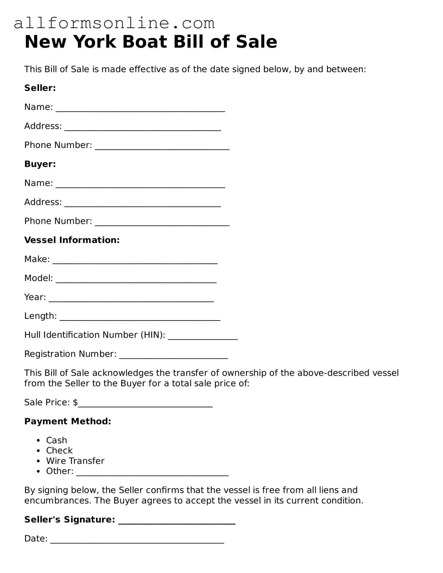 Attorney-Approved  Boat Bill of Sale Form for New York