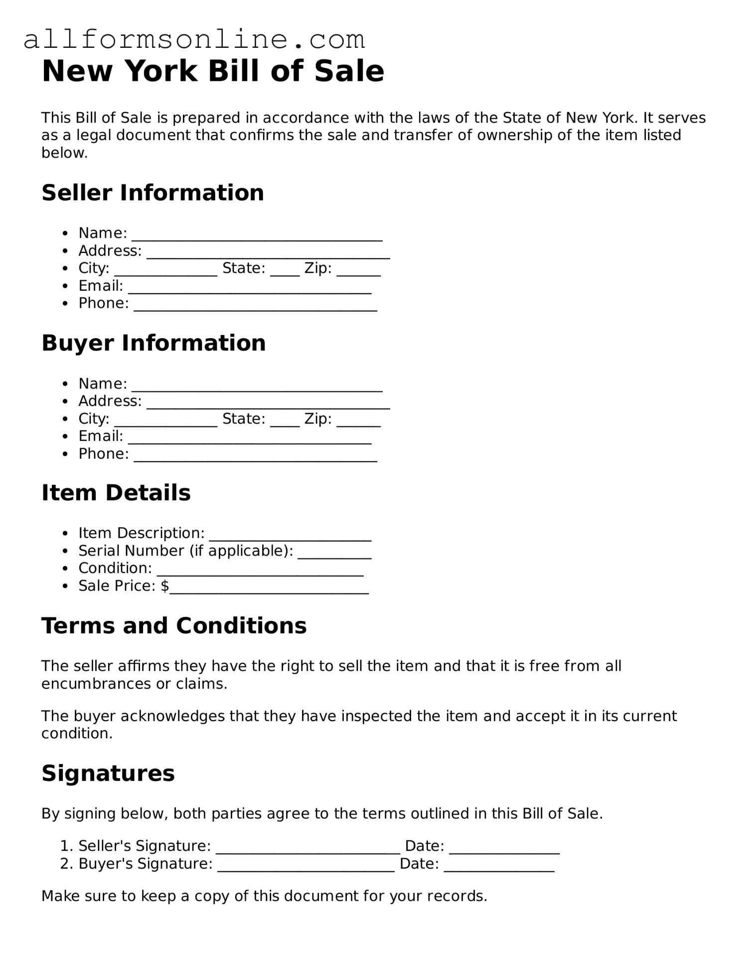 Attorney-Approved  Bill of Sale Form for New York