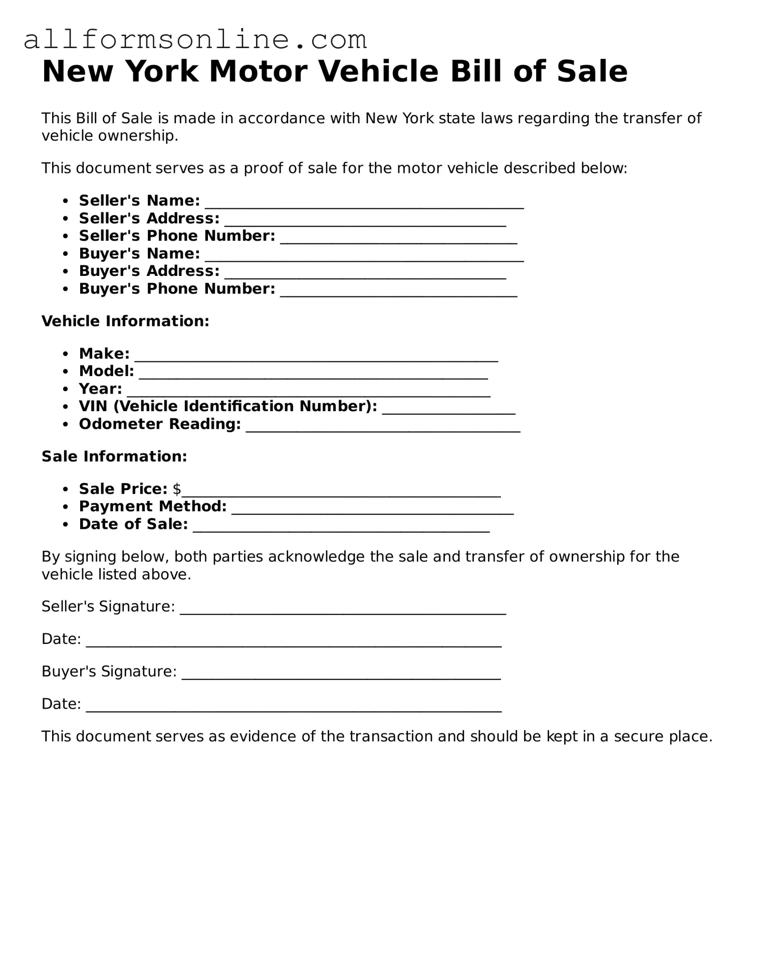 Attorney-Approved  Motor Vehicle Bill of Sale Form for New York