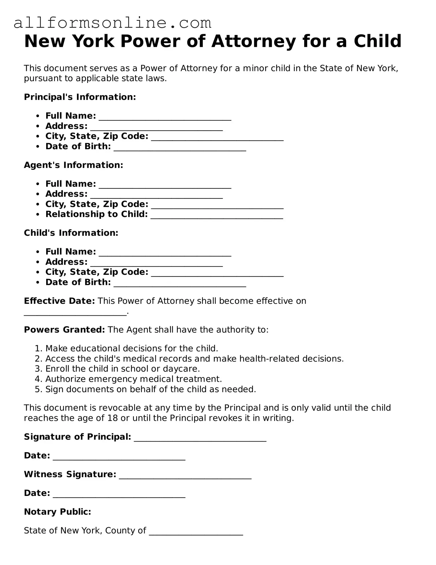 Attorney-Approved  Power of Attorney for a Child Form for New York
