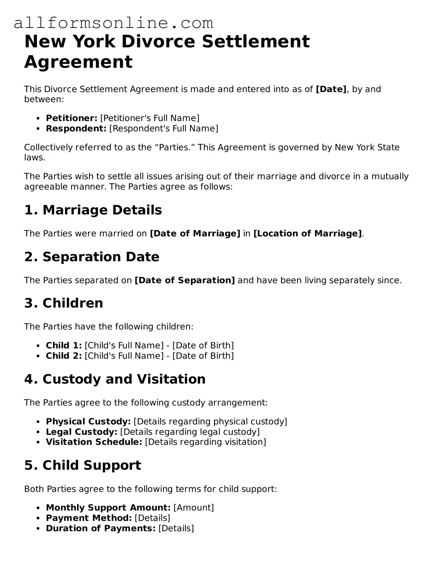 Attorney-Approved  Divorce Settlement Agreement Form for New York
