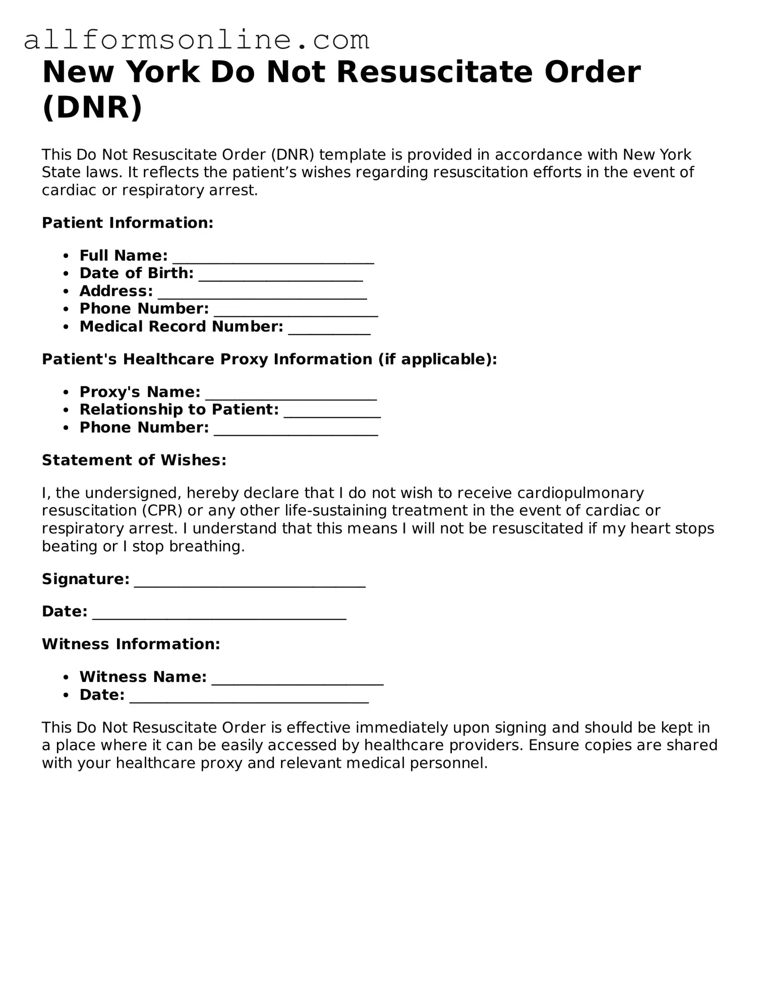 Attorney-Approved  Do Not Resuscitate Order Form for New York