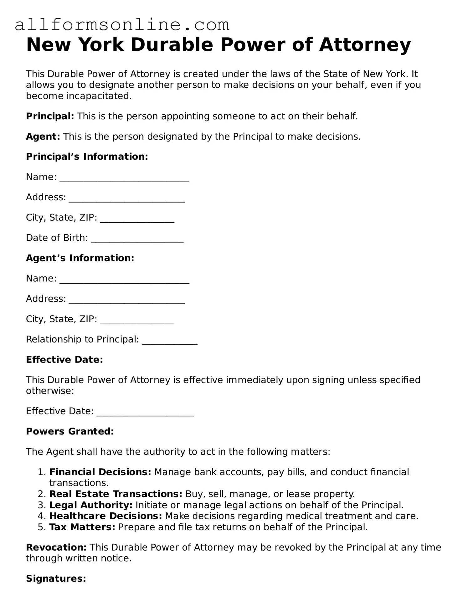 Attorney-Approved  Durable Power of Attorney Form for New York