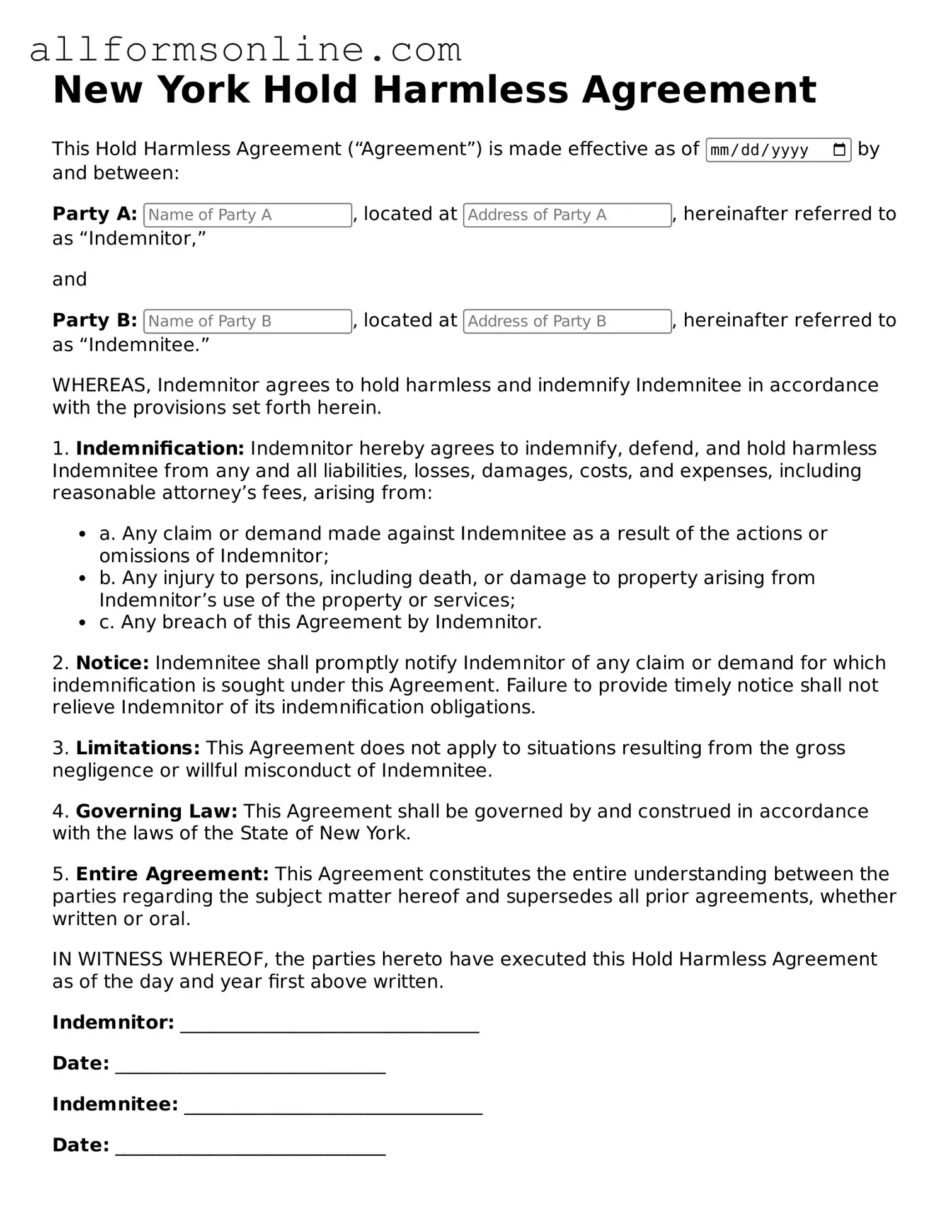 Attorney-Approved  Hold Harmless Agreement Form for New York