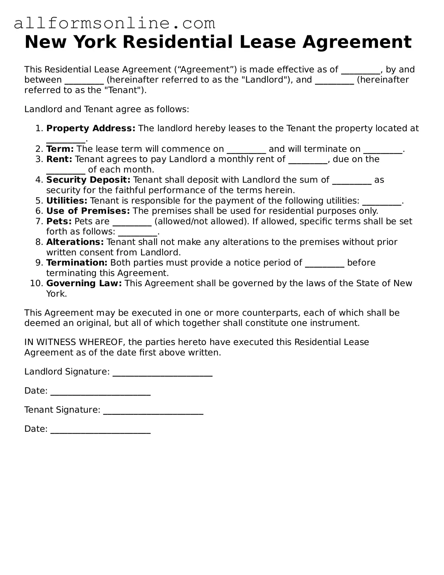 Attorney-Approved  Residential Lease Agreement Form for New York
