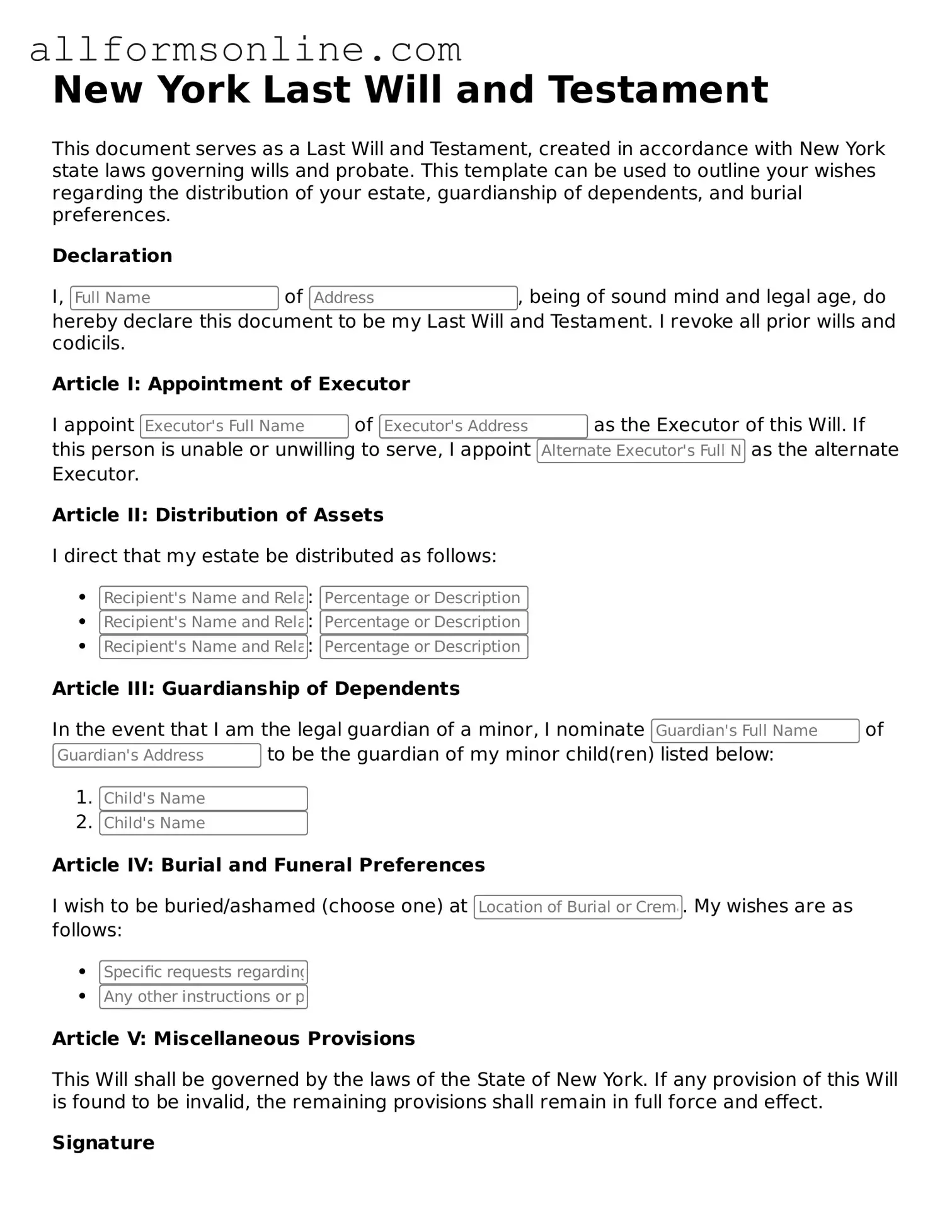 Attorney-Approved  Last Will and Testament Form for New York